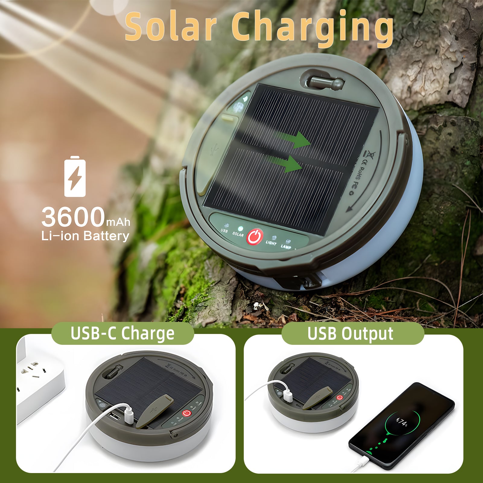 CandWuom Solar Camping String Lights, 4 in 1 Outdoor Tent Light with 9 Lighting Modes(72.2Ft), Solar Powered and USB Rechargeable Tent Lantern, Portable Warm Lights for Yard, Hiking & Decoration