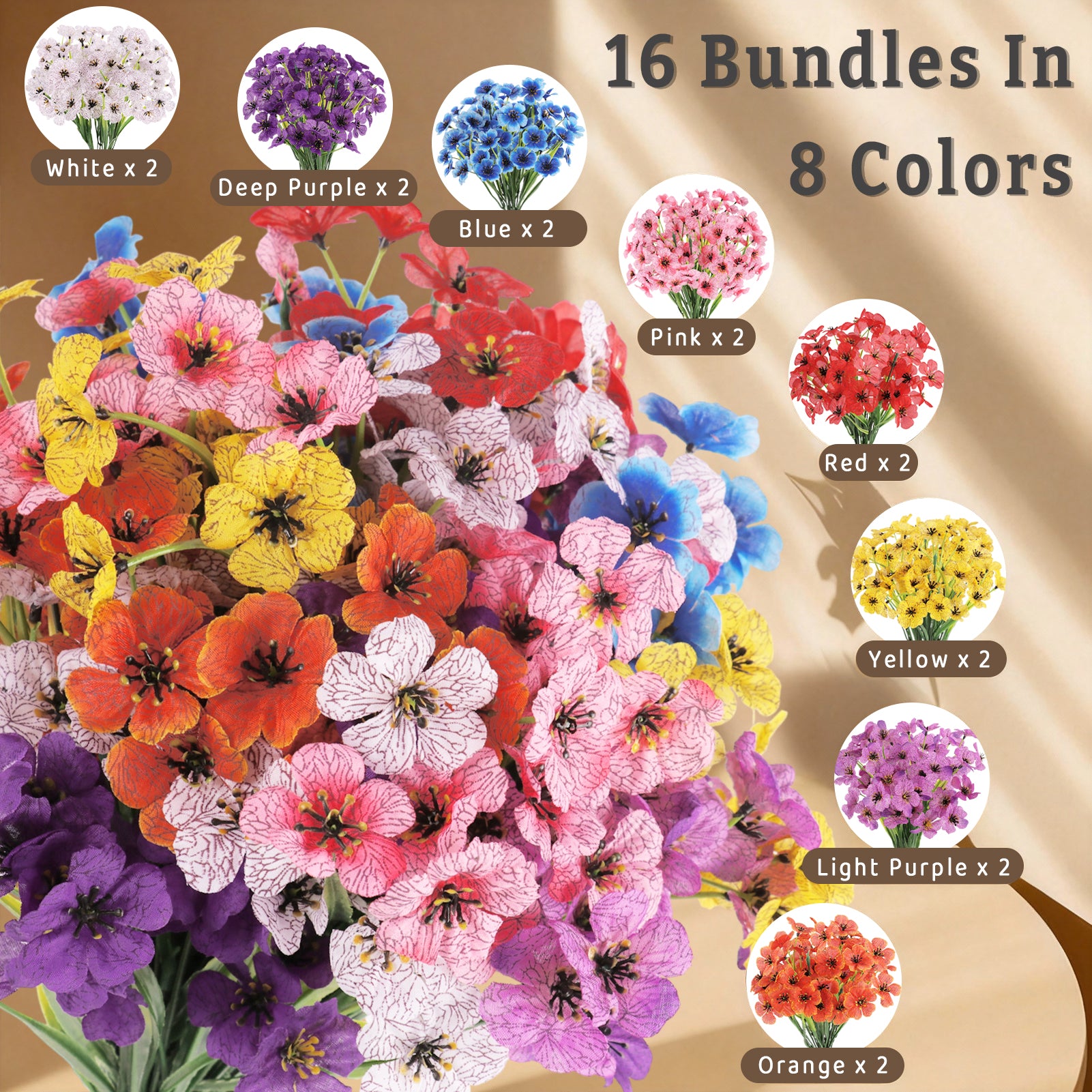 CandWuom 16 Bundles Artificial Flowers for Outdoors/Indoors, Fake Flowers Plants for Indoor Outside Decor Garden Porch Window Box Home Wedding Farmhouse(8 Color)