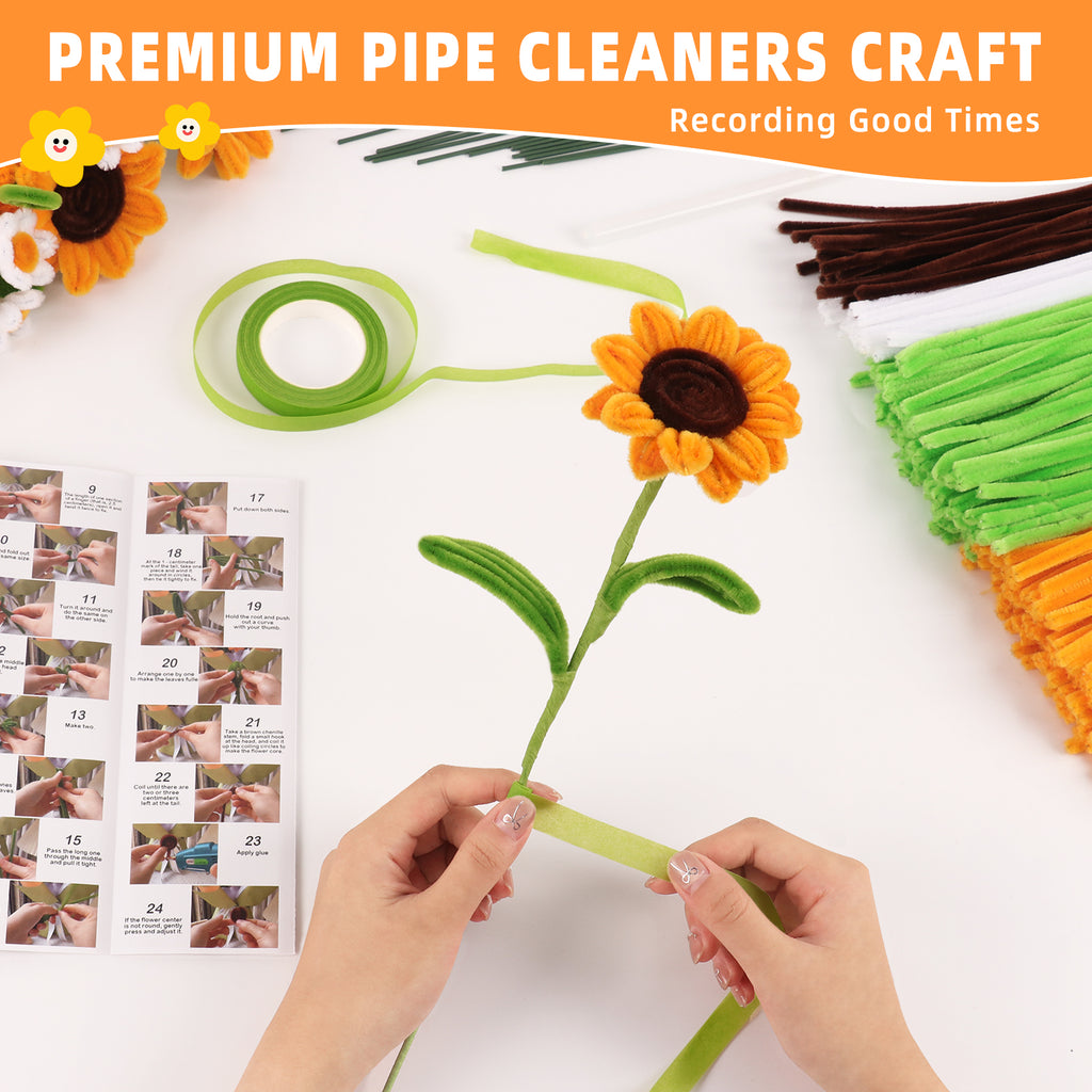 CandWuom Pipe Cleaners Craft Flower Kit, Pipe Cleaner Bulk for DIY Yellow Sunflower Making with Step-by-Step Tutorials for Mom, Lover, Friend Gifts