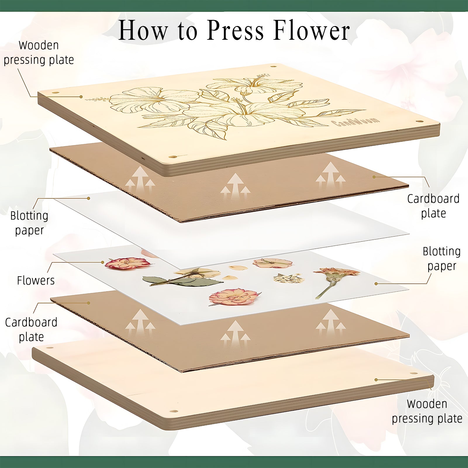 CandWuom Flower Press Kit, 11" x 11" Large 10 Layers Wooden Flower Pressing for Adults & Kids, Bouquet Preservation Craft Kit, DIY Flowers Drying Art, Ideal Gift for Arts and Crafts Lovers