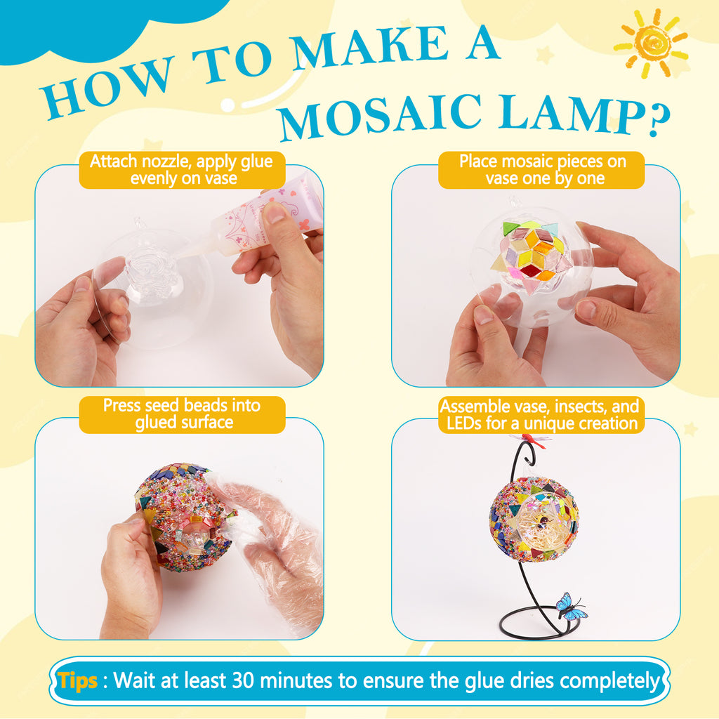 Glass Mosaic Lamp & Light Kit, Gifts DIY Mosaic Arts and Crafts Kit for Kids & Adults, Creativity Handmade Artwork for Home Lighting Decor, Toys Girls Birthday Gifts Ages 6 7 8 9 10 11 12