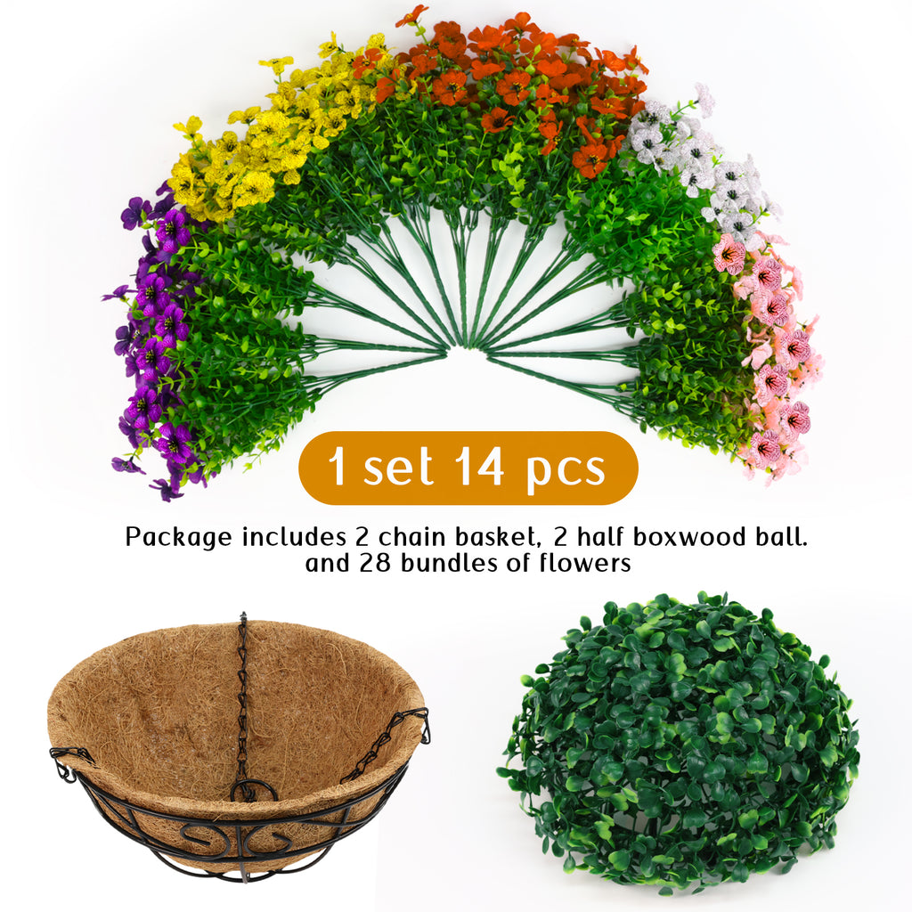 CandWuom 2 Set Artificial Outdoor Flowers with Hanging Basket, Hanging Planters with 28 Pcs Flowers for Spring Summer Front Porch Garden Patio Home Decor
