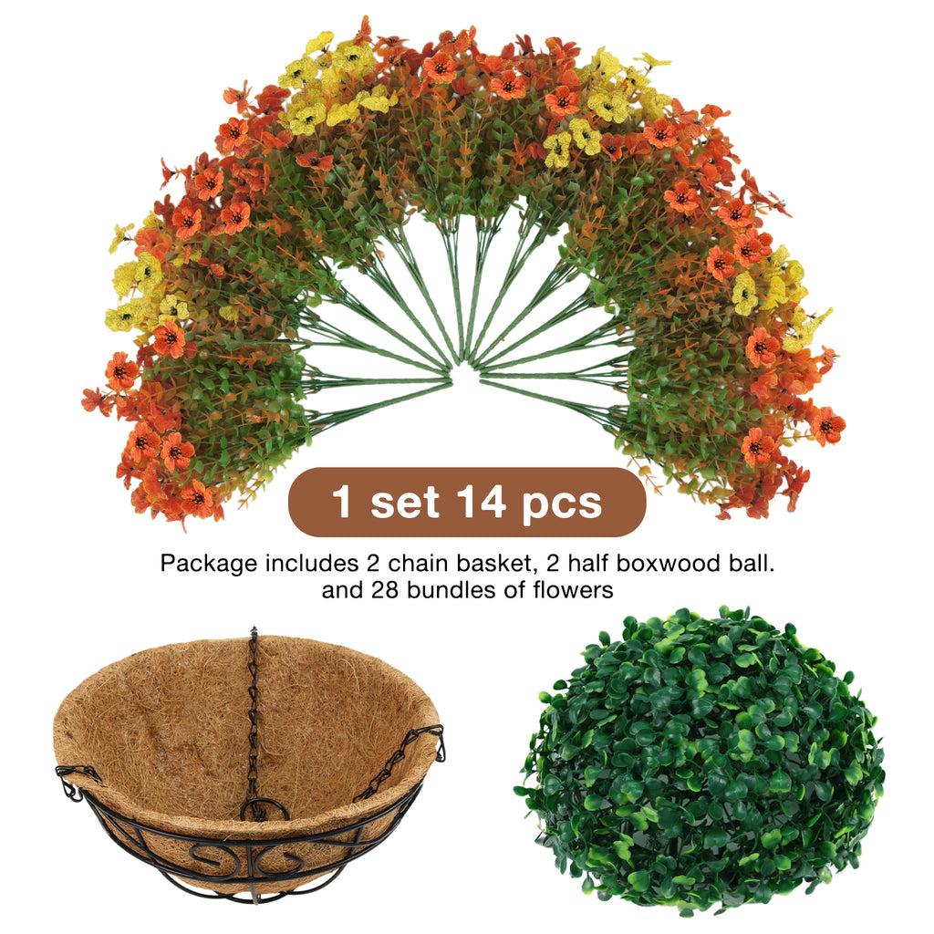 CandWuom 28 Pcs Artficial Outdoor Flowers with Hanging Baskets, Orange Fall mums 2 Pack Hanging Planter for Autumn Porch Garden and Home Patio Yard Decor