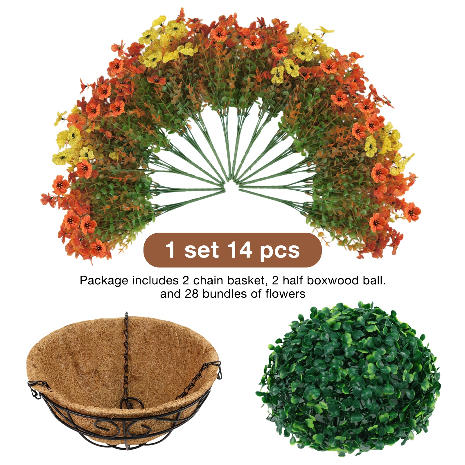 CandWuom 28 Pcs Artficial Outdoor Flowers with Hanging Baskets, Orange Fall mums 2 Pack Hanging Planter for Autumn Porch Garden and Home Patio Yard Decor
