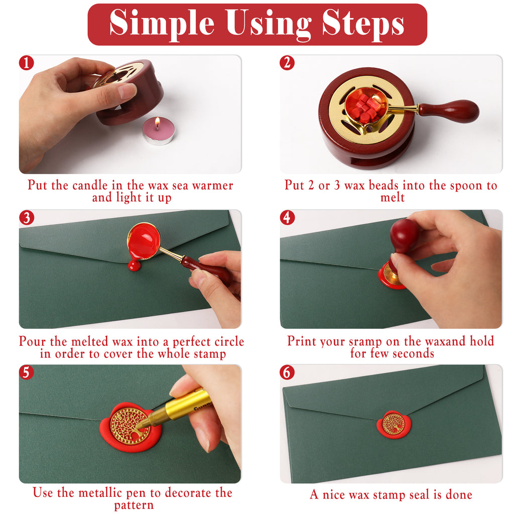 CandWuom Wax Seal Kit with Gift Box, 860 Pcs 24 Colors Sealing Beads, 2 Pcs Stamps, Sealing Wax Warmer, Metallic Pen, Envelope, Candles for Wedding Invitation Birthday Gift and DIY Craft