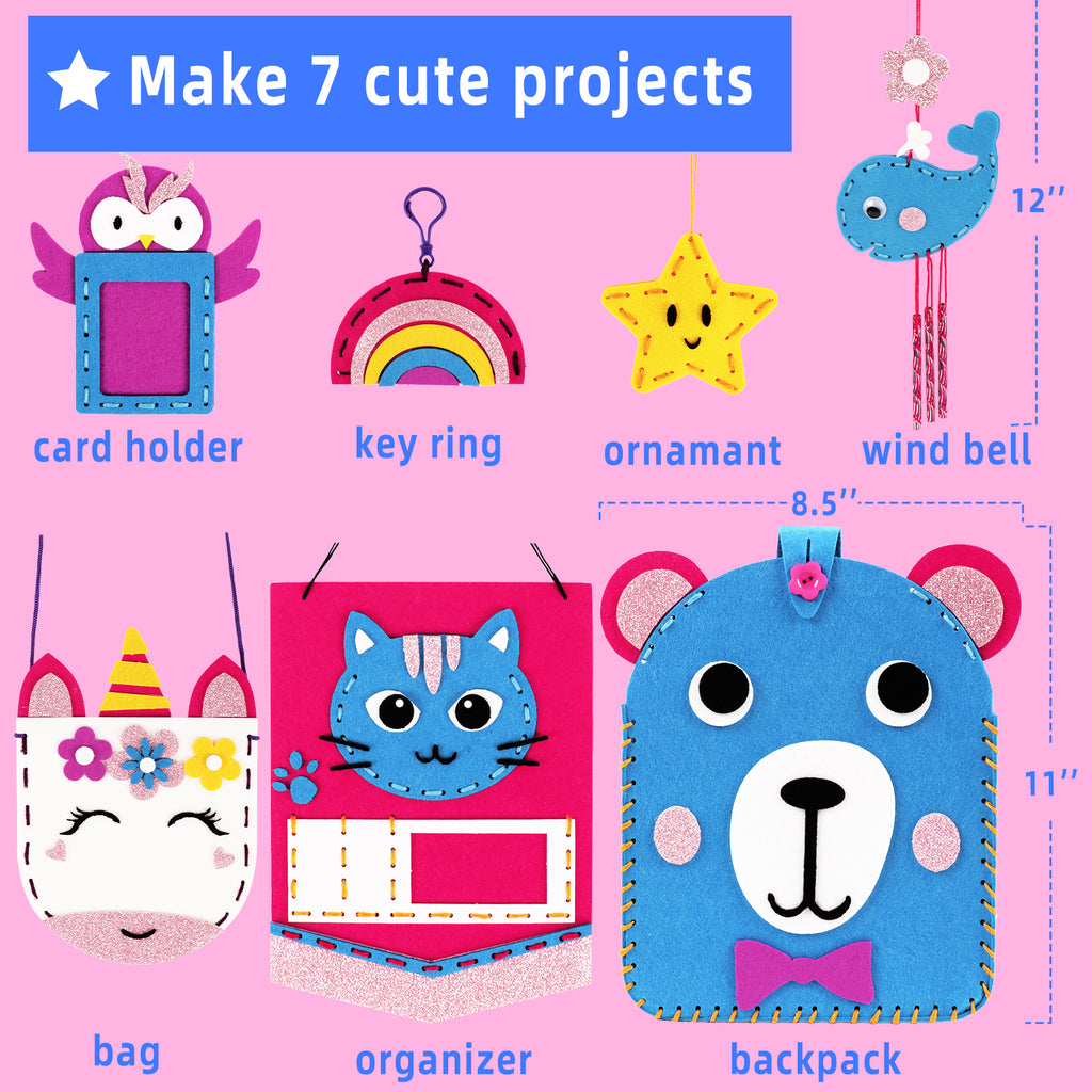 CandWuom Sewing Kit for Kids Arts & Crafts, Sewing Bag Kits for Beginners 7 Easy DIY Handbag Pouch Unicorn Projects, Learn to Sew & Felt Embroidery, Gift for Girls 3+