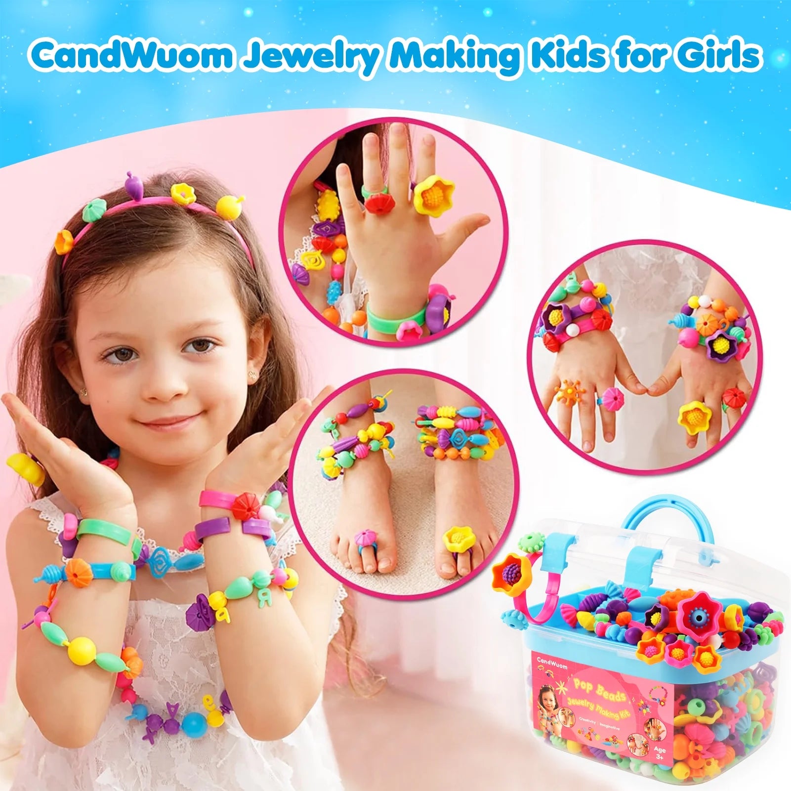 CandWuom 520+ Snap Pop Beads for Toddlers Jewelry Making Kit- Toys for Toddlers Jewelry Making Crafts Gifts for Girls Age 3-5（Blue）