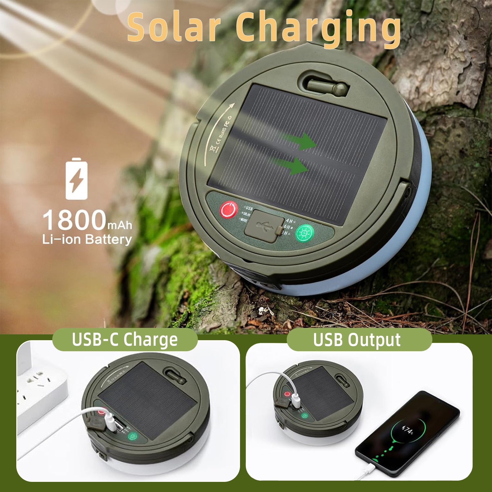 CandWuom Solar Camping String Lights, 4 in 1 Outdoor Tent Light with 9 Lighting Modes, Solar Powered and USB Rechargeable Tent Lantern, Portable Warm Lights for Yard, Hiking & Decoration