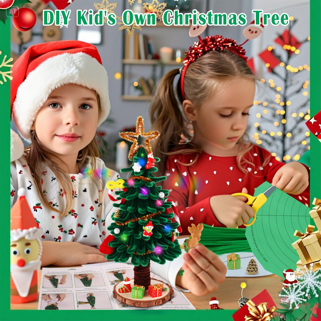 CandWuom Kids Art & Craft Kit - DIY Mini Christmas Tree with Lights, Pipe Cleaner Craft Supplies Chenille Stems Craft Set, Light Christmas Tree & Ornaments Accessories for Holidays