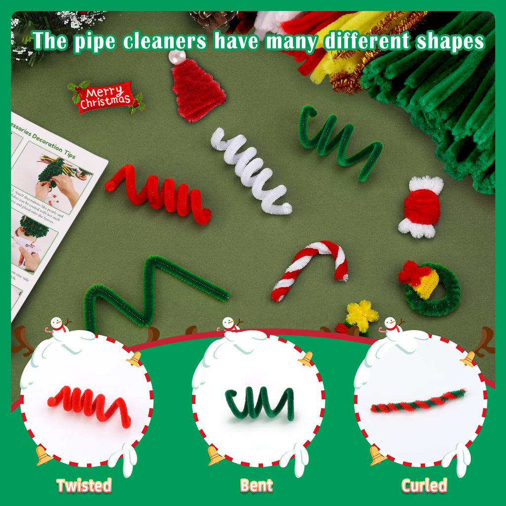 CandWuom Kids Art & Craft Kit - DIY Mini Christmas Tree with Lights, Pipe Cleaner Craft Supplies Chenille Stems Craft Set, Light Christmas Tree & Ornaments Accessories for Holidays