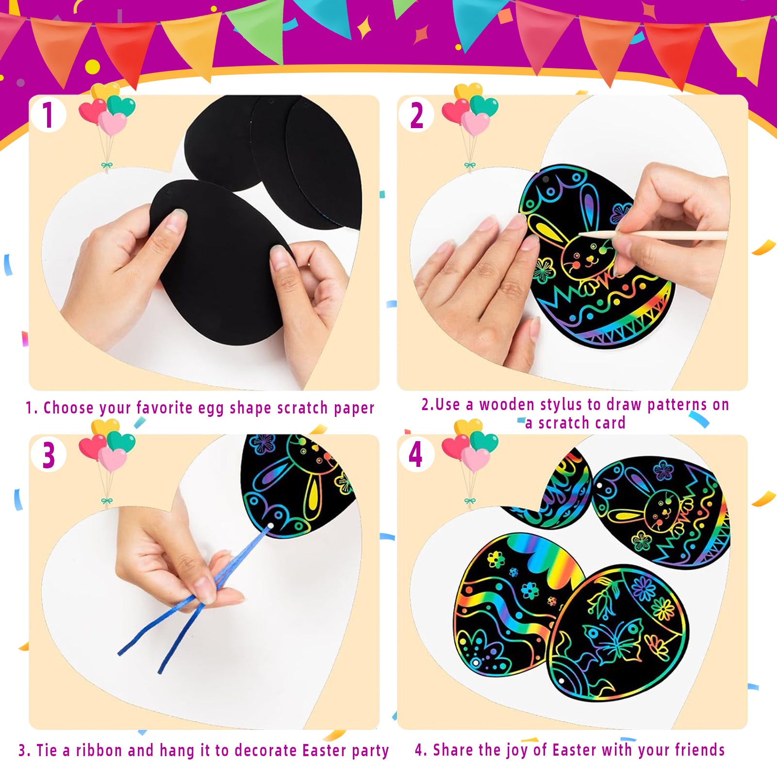 CandWuom 60 PCS Easter Egg Scratch Art for Kids, Rainbow Magic Scratch Paper Easter Crafts for Kids Gifts School Classroom Activities Project Party Favors Supplies Basket Fillers