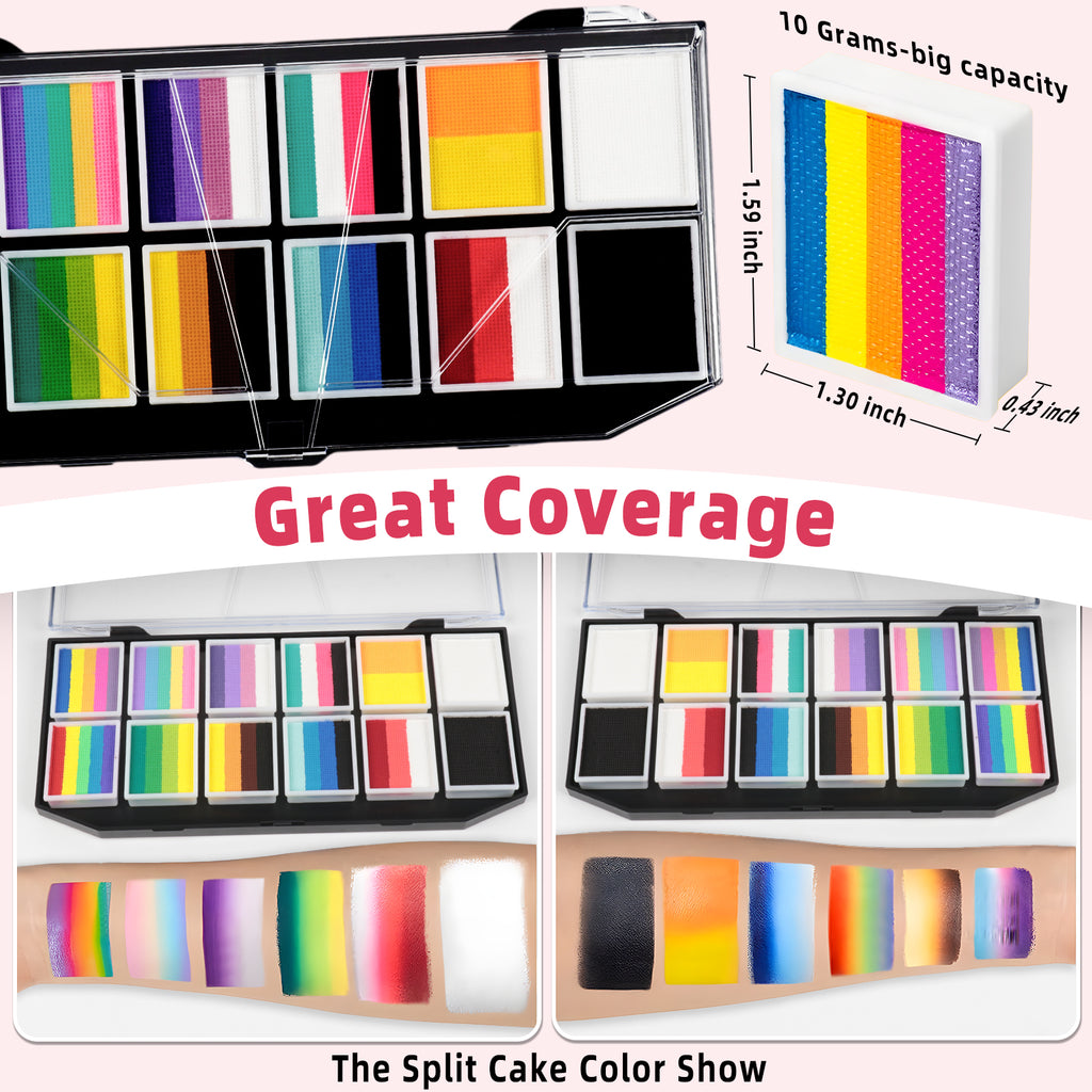 CandWuom Professional Face Painting Kit for Kids & Adults, Split Cake Face Paint Palette 12 x 10gm with Stencil, One Stroke Non Toxic Rainbow Body Paint Set for Halloween & Christmas Makeup