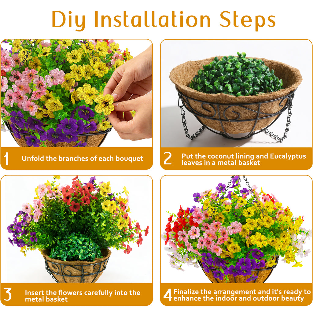 CandWuom 2 Set Artificial Outdoor Flowers with Hanging Basket, Hanging Planters with 28 Pcs Flowers for Spring Summer Front Porch Garden Patio Home Decor