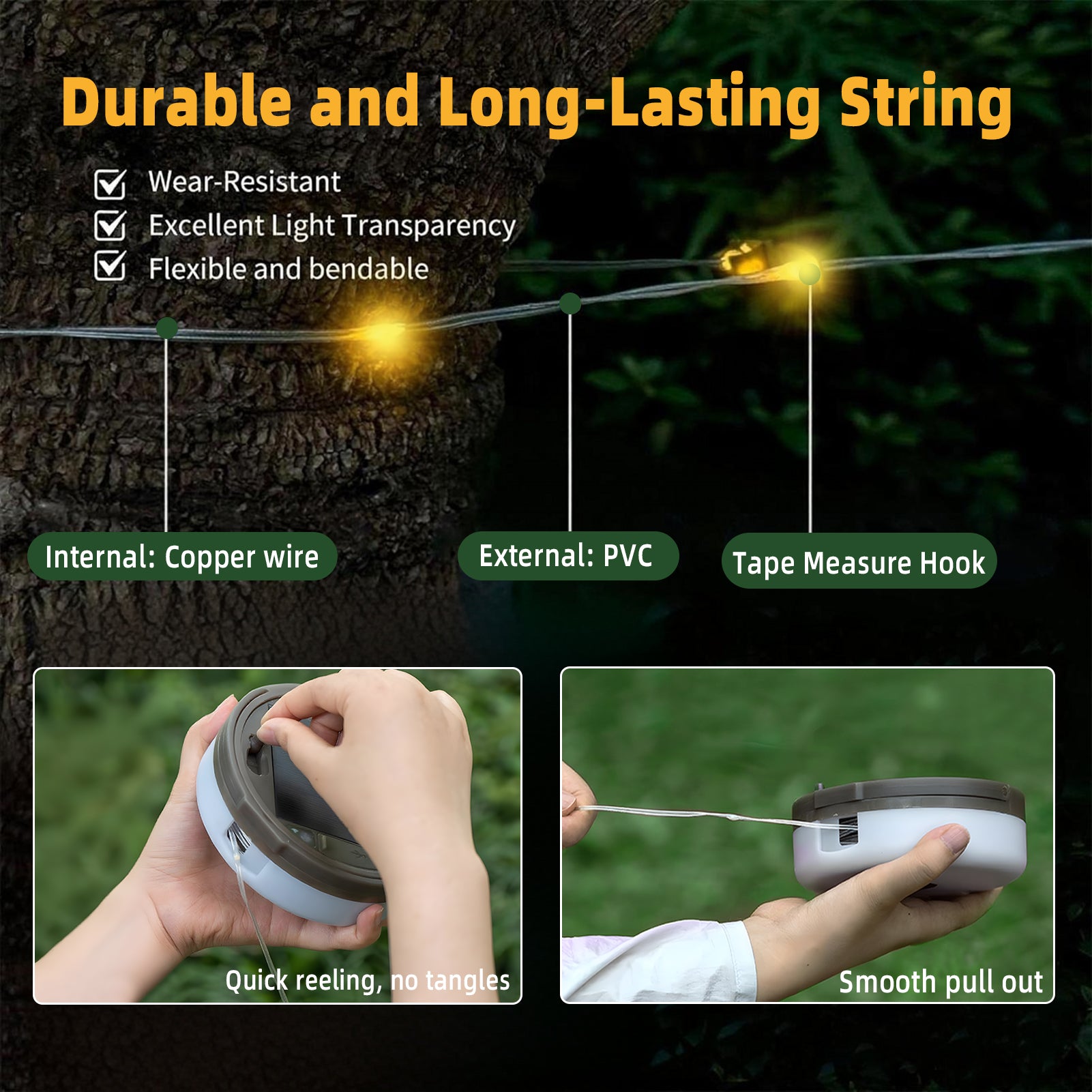 CandWuom Solar Camping String Lights, 4 in 1 Outdoor Tent Light with 9 Lighting Modes(72.2Ft), Solar Powered and USB Rechargeable Tent Lantern, Portable Warm Lights for Yard, Hiking & Decoration