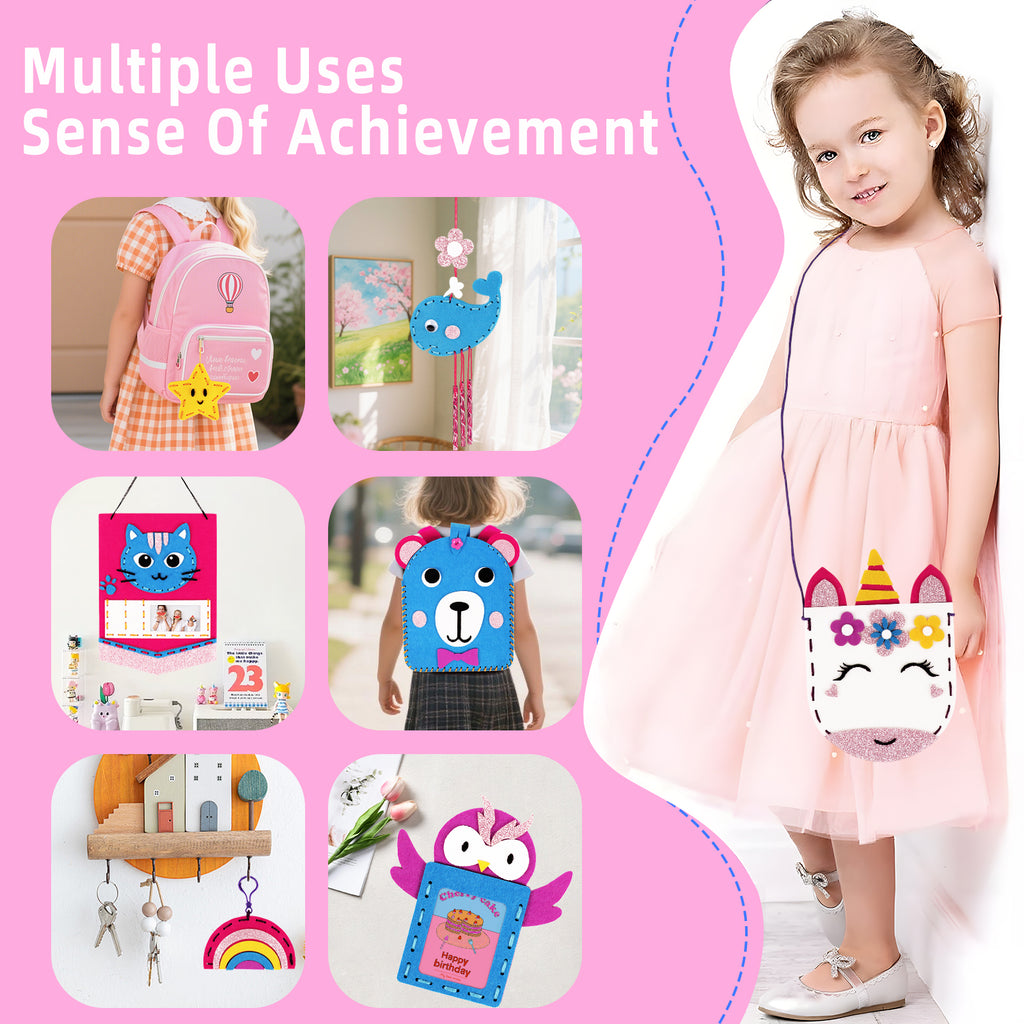 CandWuom Sewing Kit for Kids Arts & Crafts, Sewing Bag Kits for Beginners 7 Easy DIY Handbag Pouch Unicorn Projects, Learn to Sew & Felt Embroidery, Gift for Girls 3+
