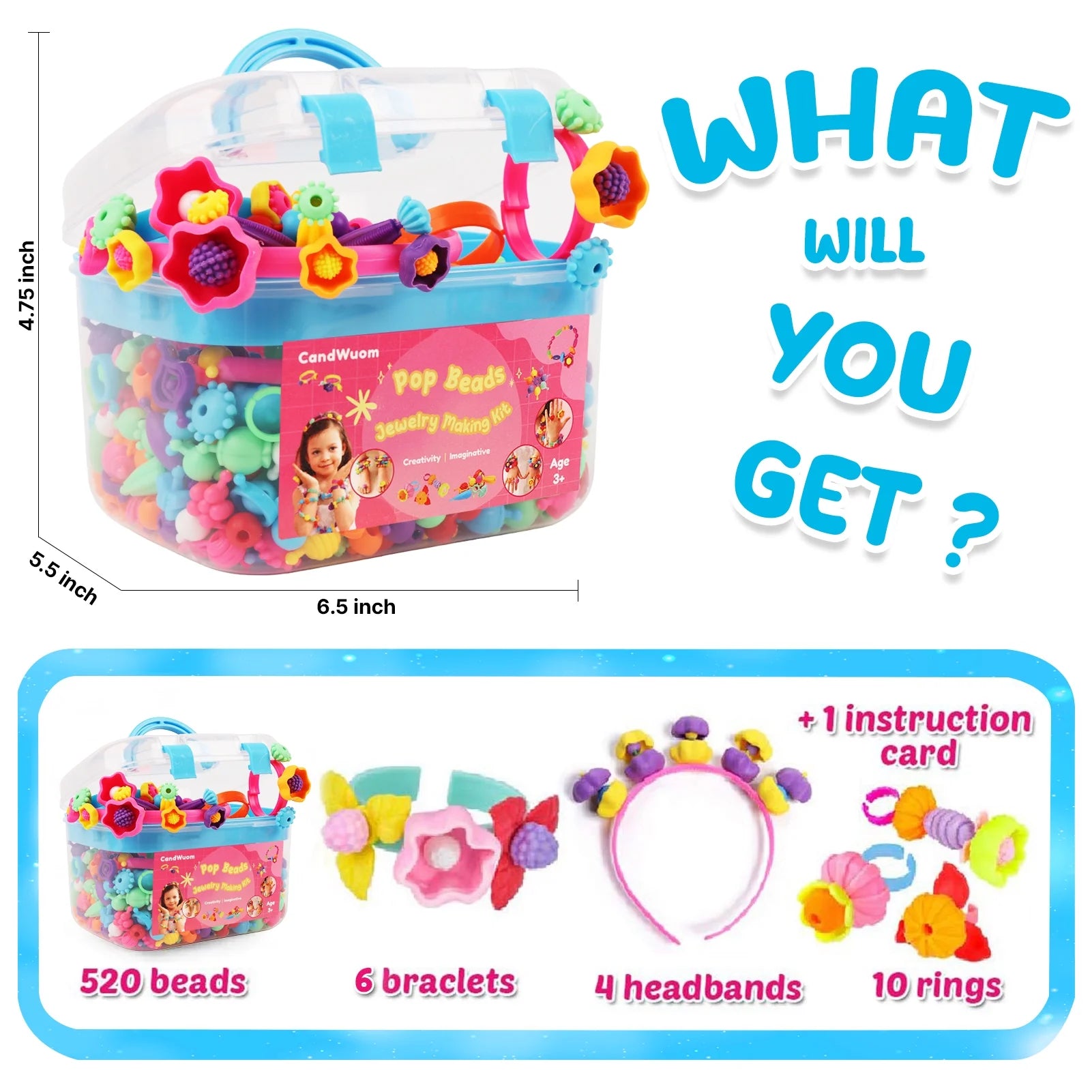 CandWuom 520+ Snap Pop Beads for Toddlers Jewelry Making Kit- Toys for Toddlers Jewelry Making Crafts Gifts for Girls Age 3-5（Blue）