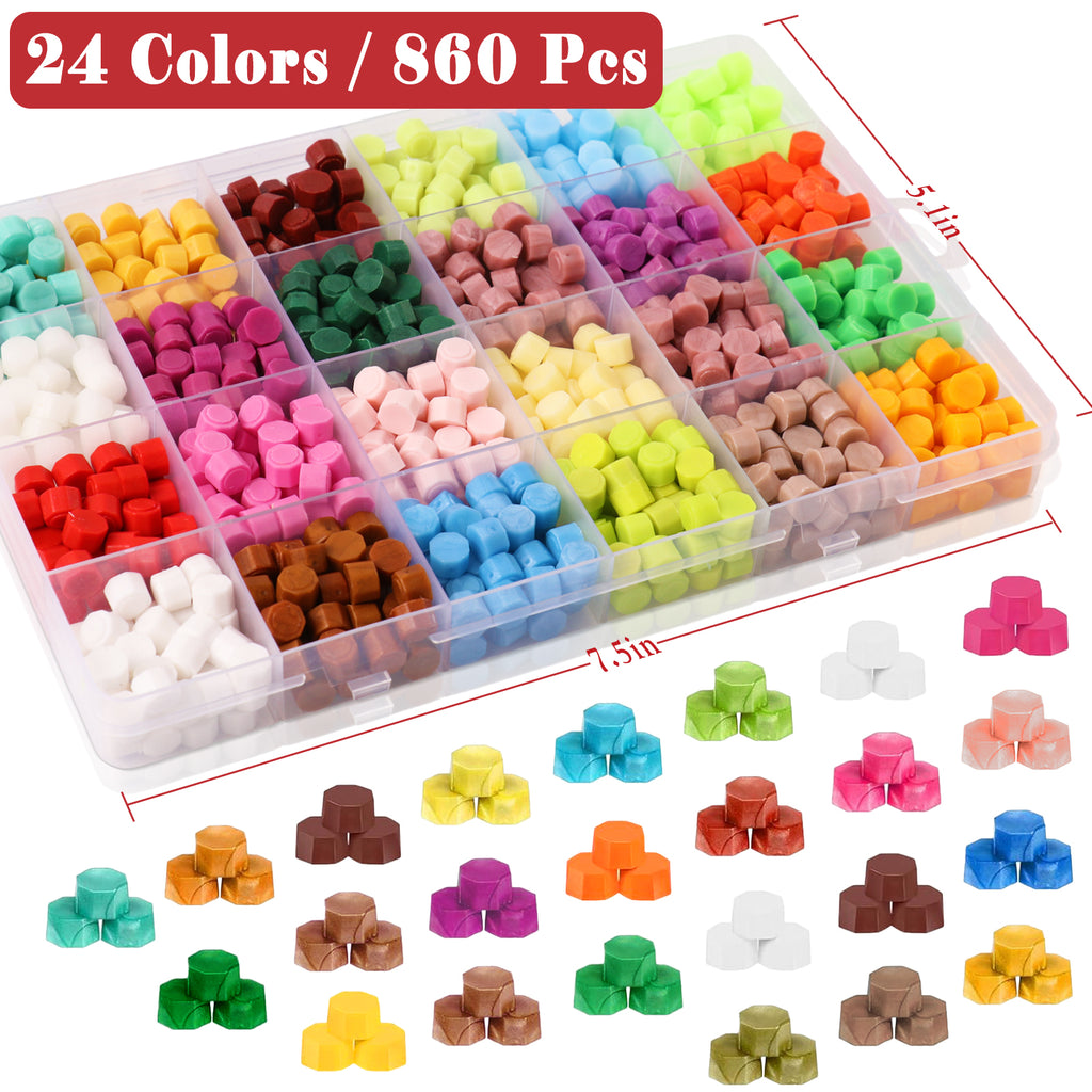 CandWuom Wax Seal Kit with Gift Box, 860 Pcs 24 Colors Sealing Beads, 2 Pcs Stamps, Sealing Wax Warmer, Metallic Pen, Envelope, Candles for Wedding Invitation Birthday Gift and DIY Craft