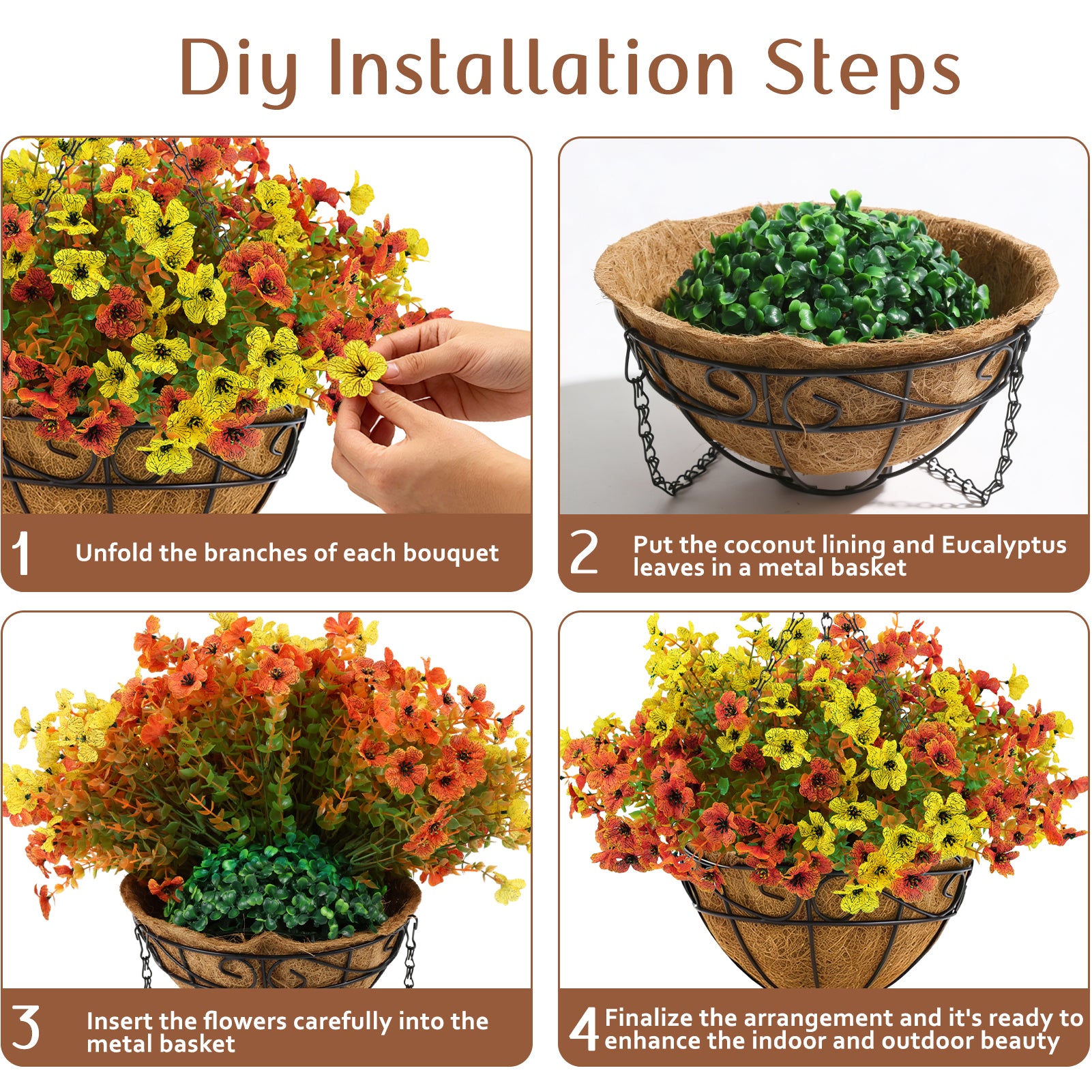 CandWuom 28 Pcs Artficial Outdoor Flowers with Hanging Baskets, Orange Fall mums 2 Pack Hanging Planter for Autumn Porch Garden and Home Patio Yard Decor