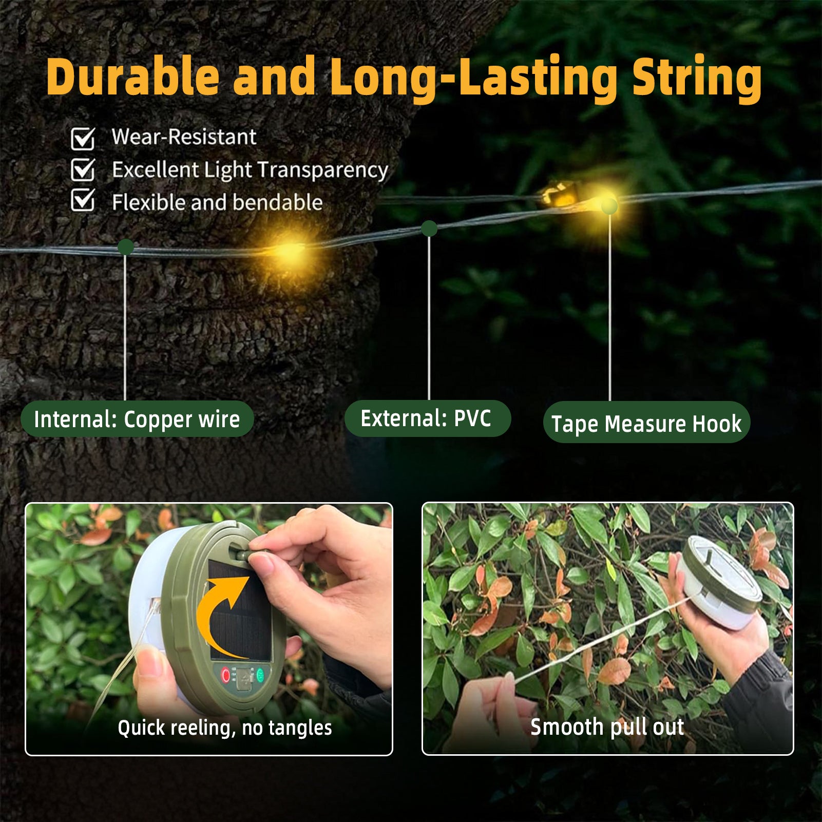 CandWuom Solar Camping String Lights, 4 in 1 Outdoor Tent Light with 9 Lighting Modes, Solar Powered and USB Rechargeable Tent Lantern, Portable Warm Lights for Yard, Hiking & Decoration