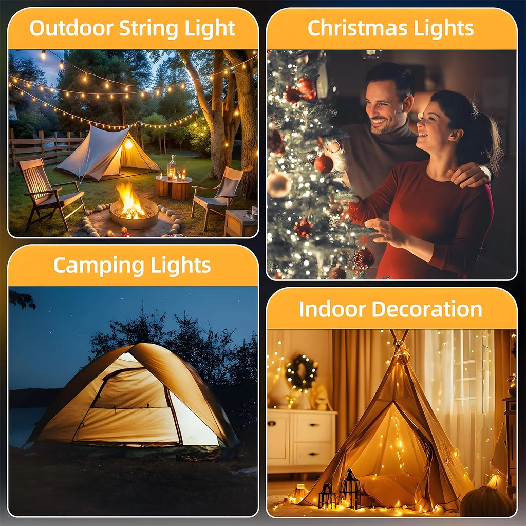 CandWuom Camping Lights, Outdoor Camping String Lights with 9 Lighting Modes, 32.8FT USB Rechargeable with Remote Control, IPX4 Waterproof Portable Warm Lights for Tent, Yard, Hiking & Decoration