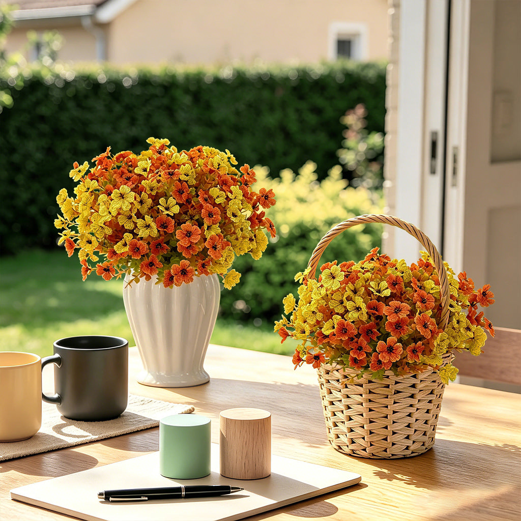 CandWuom Artificial Fall Flowers Fake Mums for Outdoor Autumn Decoration, 10 Bundles Faux Silk Orange Yellow Mums Daisy Look Real UV Resistant for Outside Home Porch Patio Planter