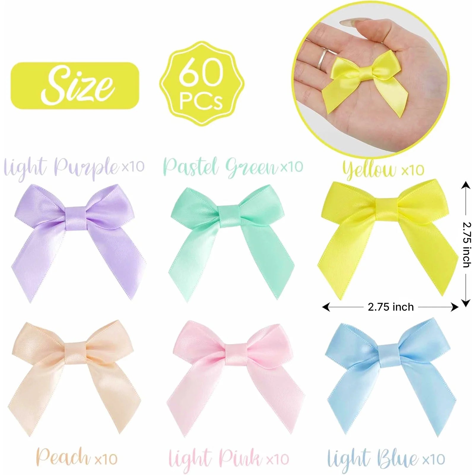 CandWuom 60 Pcs Pastel Satin Ribbon Bows 2.75 inch Self Adhesive Satin Bows for Gift Wrapping Premade Christmas Bows with Double-Sided Satin Tape