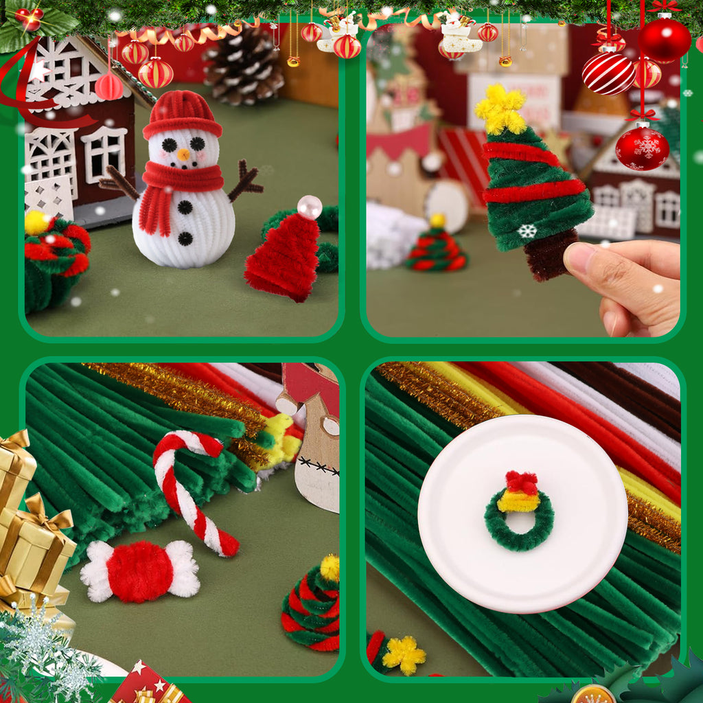 CandWuom Kids Art & Craft Kit - DIY Mini Christmas Tree with Lights, Pipe Cleaner Craft Supplies Chenille Stems Craft Set, Light Christmas Tree & Ornaments Accessories for Holidays