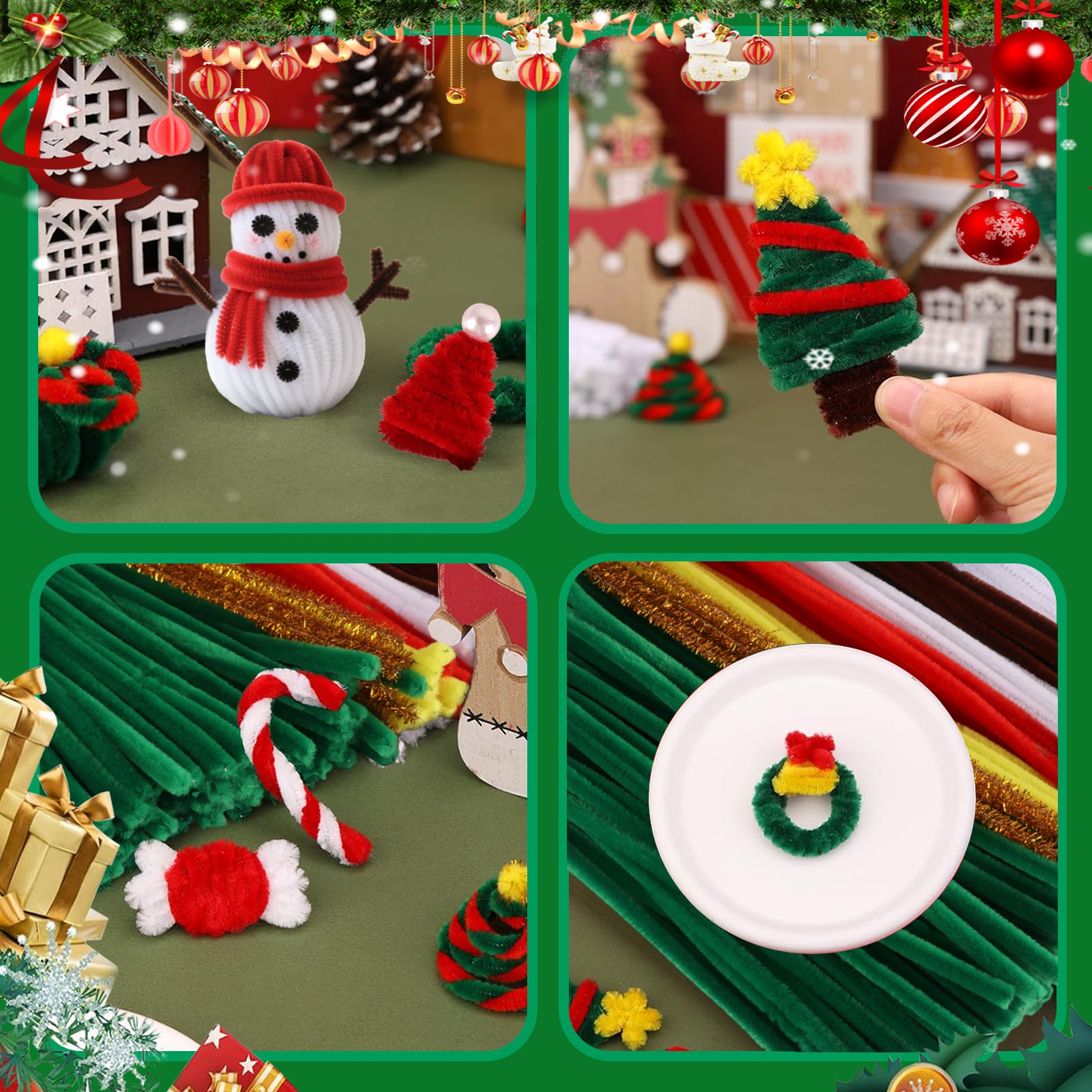 CandWuom Kids Art & Craft Kit - DIY Mini Christmas Tree with Lights, Pipe Cleaner Craft Supplies Chenille Stems Craft Set, Light Christmas Tree & Ornaments Accessories for Holidays