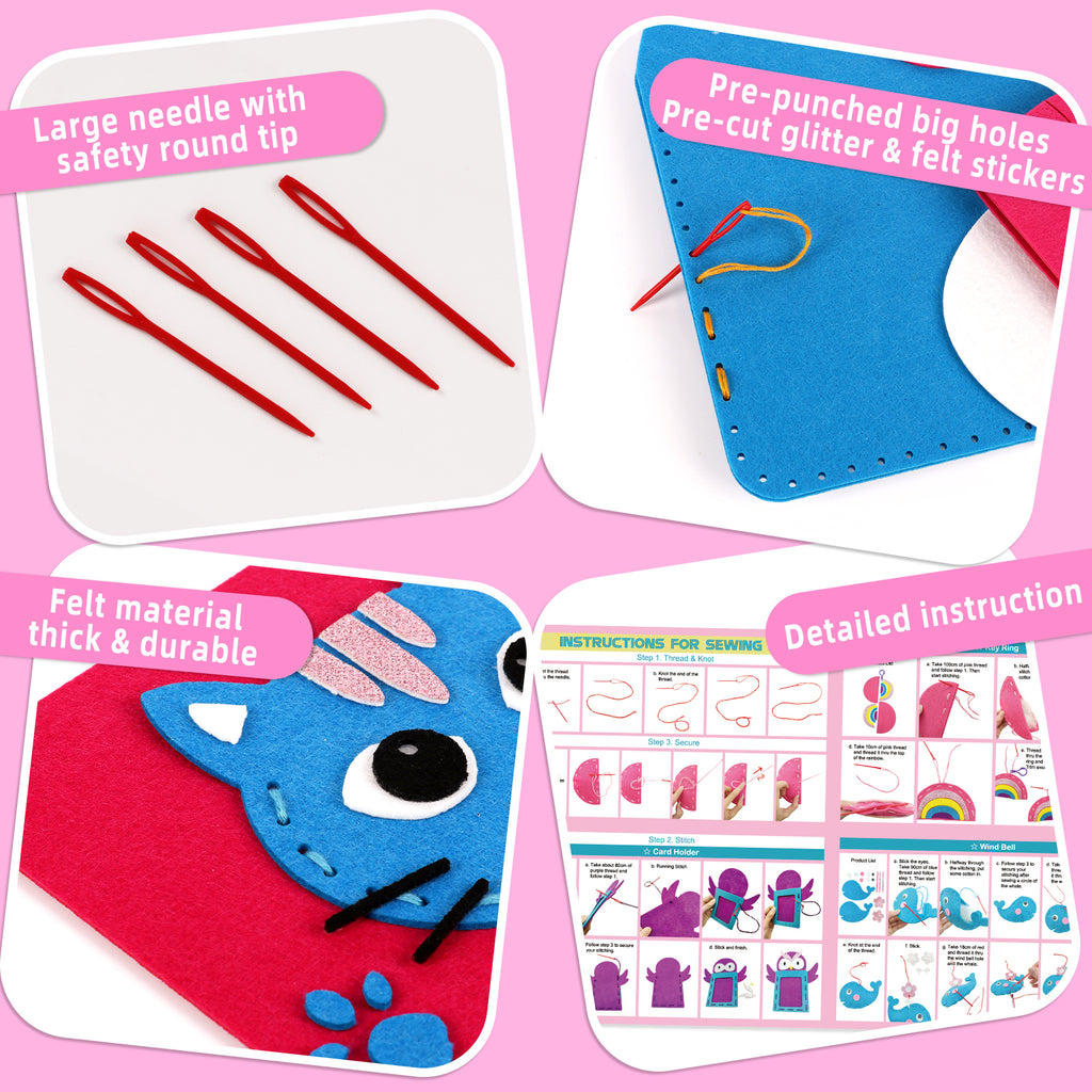 CandWuom Sewing Kit for Kids Arts & Crafts, Sewing Bag Kits for Beginners 7 Easy DIY Handbag Pouch Unicorn Projects, Learn to Sew & Felt Embroidery, Gift for Girls 3+