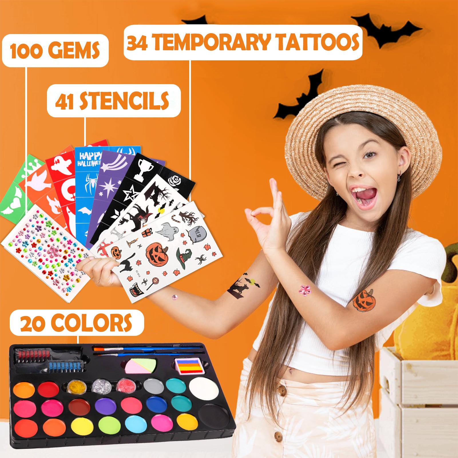 CandWuom Face Painting Kit for Kids –20 Colors Water Based Body Face Paint Kit Includes Hair Chalks Comb, Brushes, Stencils, Professional Face Paint Kit