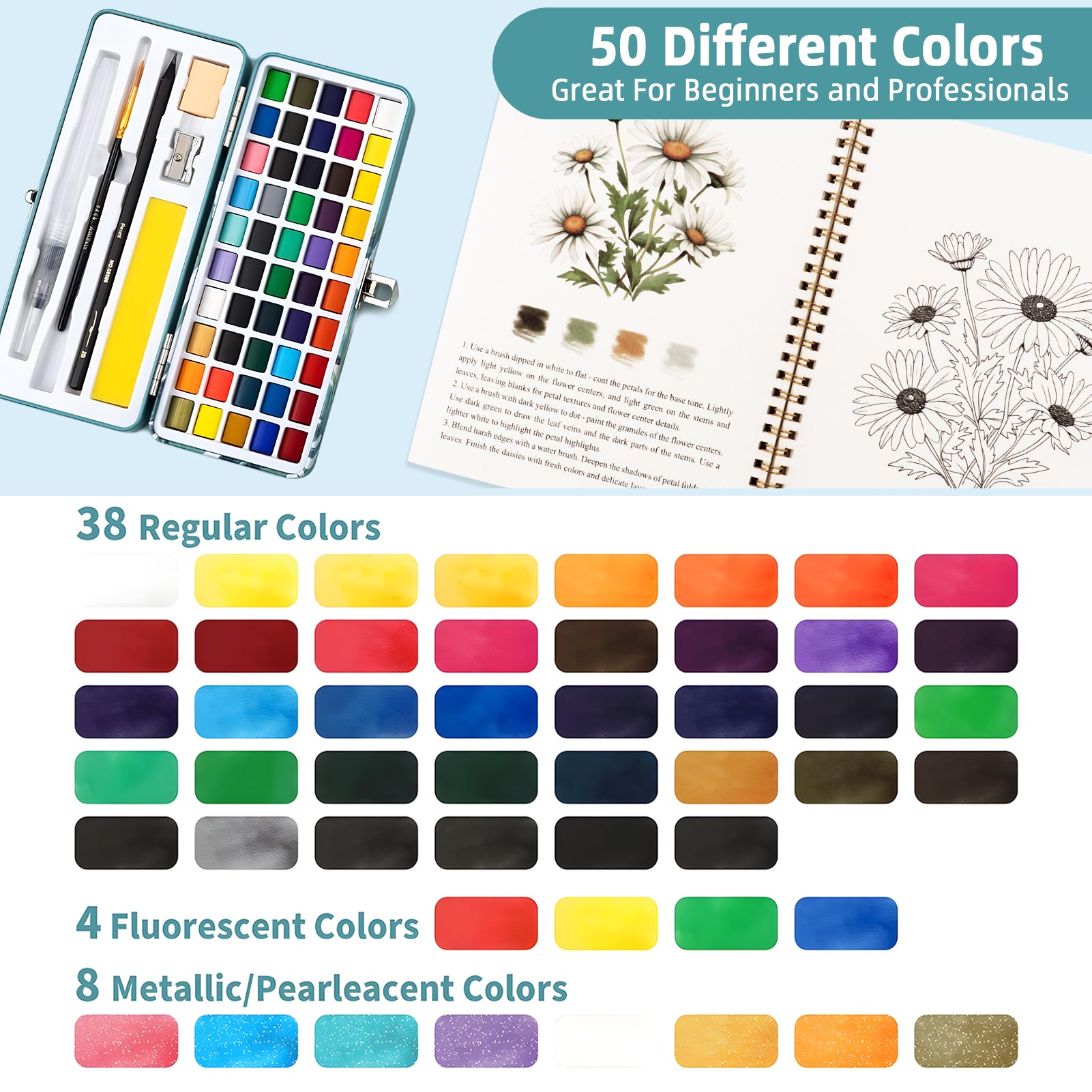 CandWuom Watercolor Paint Set, 50 Colors Watercolors Kit with 12 Different Patterns Water Coloring Book, Art Crafts Painting Supplies with Palette and Brush, Gifts for Beginner Adults Artist Drawing