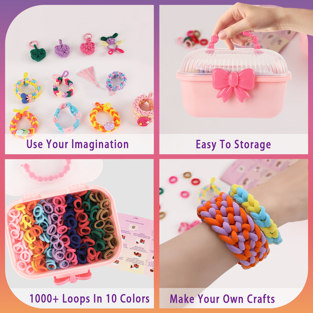 CandWuom Bracelet Making Kit Arts and Crafts for Girls Ages 8-12, Weaving Loom Rainbow Bands DIY Toys Birthday Gifts for Kids 6 7 9 10 11 13 Year Old, 1000+ Elastic Cloth Rubber Band Fabric Loops