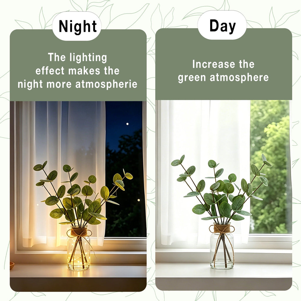 CandWuom Artificial Eucalyptus Stems in Glass Vase with Faux Water, 13.5” Fake Plants Faux Greenery Leaves with Lights, Decorations for Bathroom Home Office Farmhouse Wedding
