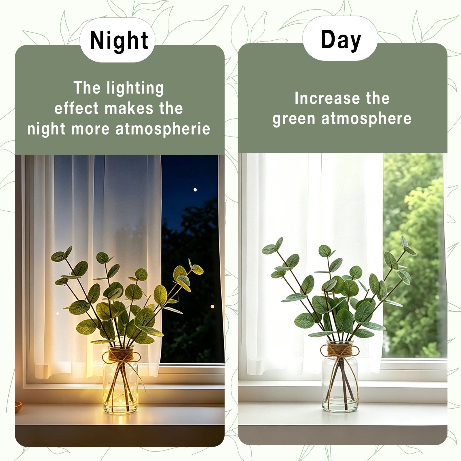 CandWuom Artificial Eucalyptus Stems in Glass Vase with Faux Water, 13.5” Fake Plants Faux Greenery Leaves with Lights, Decorations for Bathroom Home Office Farmhouse Wedding