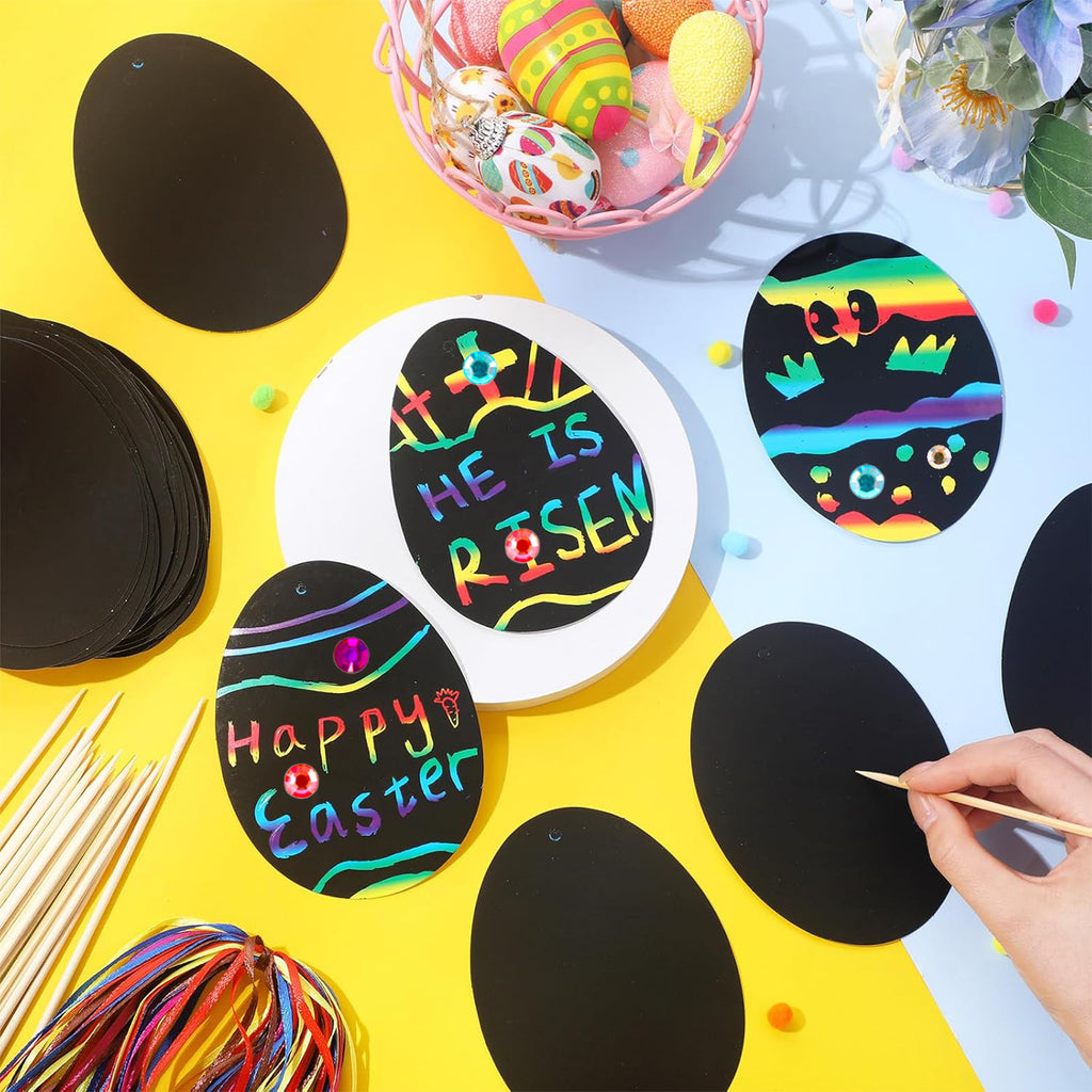 CandWuom 60 PCS Easter Egg Scratch Art for Kids, Rainbow Magic Scratch Paper Easter Crafts for Kids Gifts School Classroom Activities Project Party Favors Supplies Basket Fillers