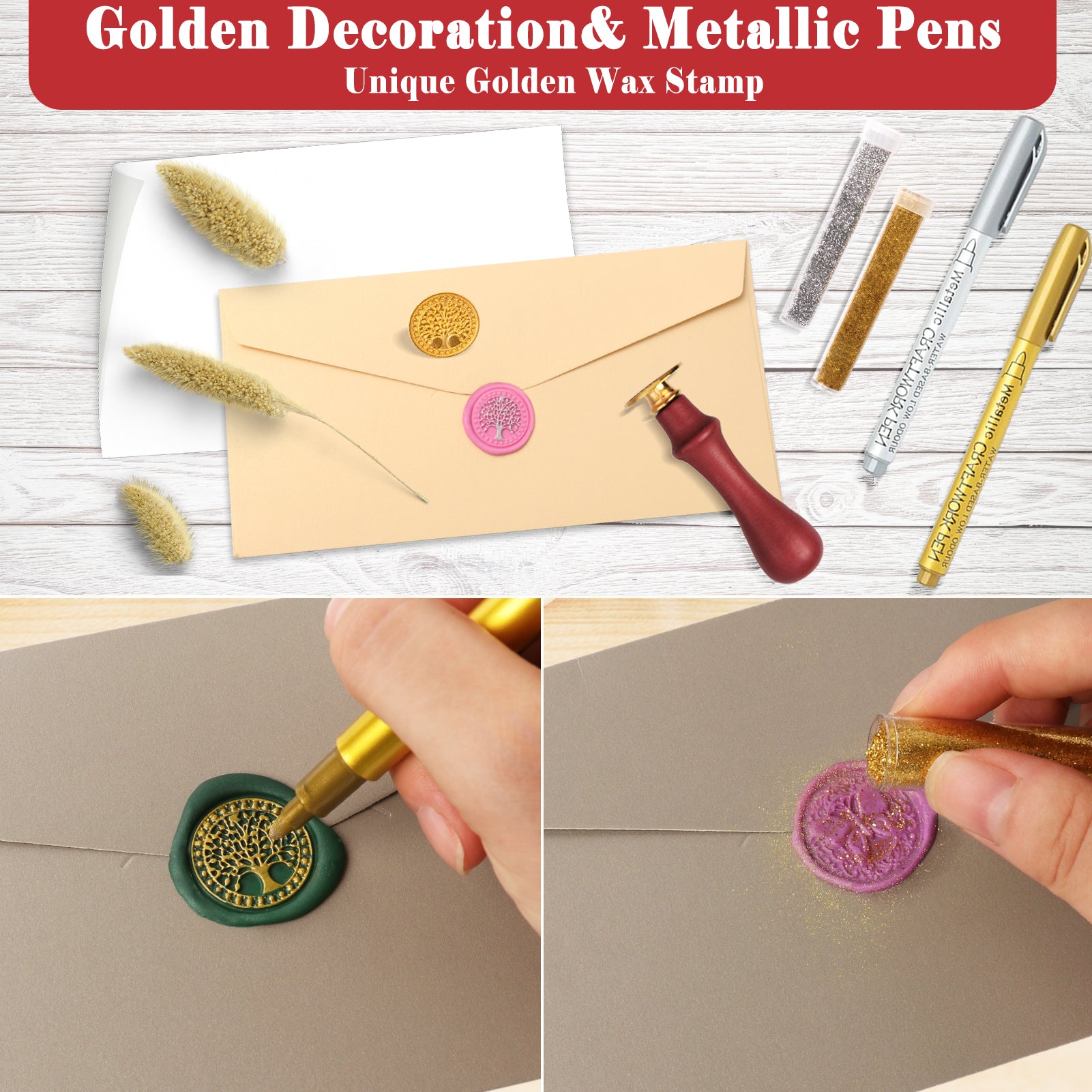 CandWuom Wax Seal Kit with Gift Box, 860 Pcs 24 Colors Sealing Beads, 2 Pcs Stamps, Sealing Wax Warmer, Metallic Pen, Envelope, Candles for Wedding Invitation Birthday Gift and DIY Craft