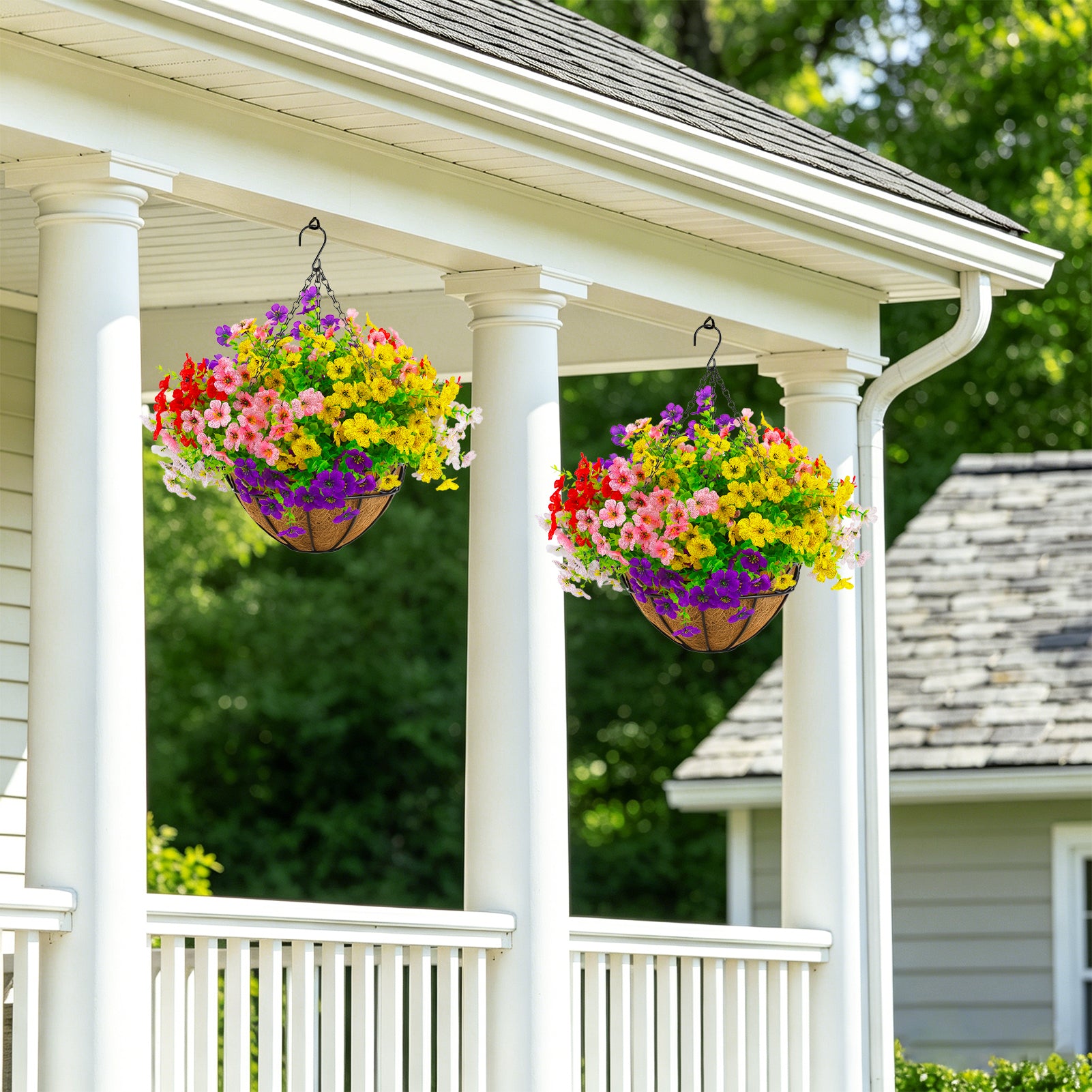 CandWuom 2 Set Artificial Outdoor Flowers with Hanging Basket, Hanging Planters with 28 Pcs Flowers for Spring Summer Front Porch Garden Patio Home Decor