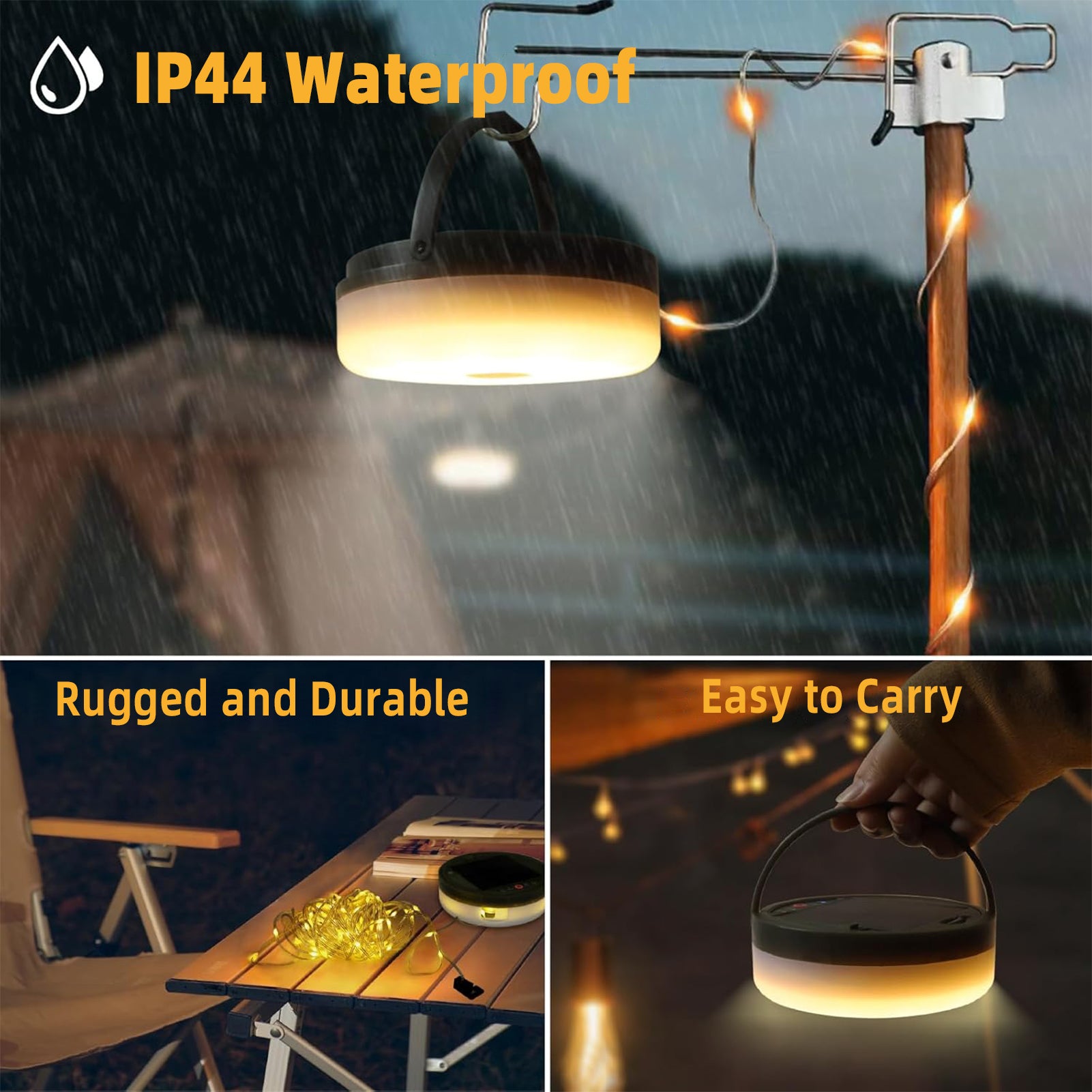 CandWuom Solar Camping String Lights, 4 in 1 Outdoor Tent Light with 9 Lighting Modes(72.2Ft), Solar Powered and USB Rechargeable Tent Lantern, Portable Warm Lights for Yard, Hiking & Decoration