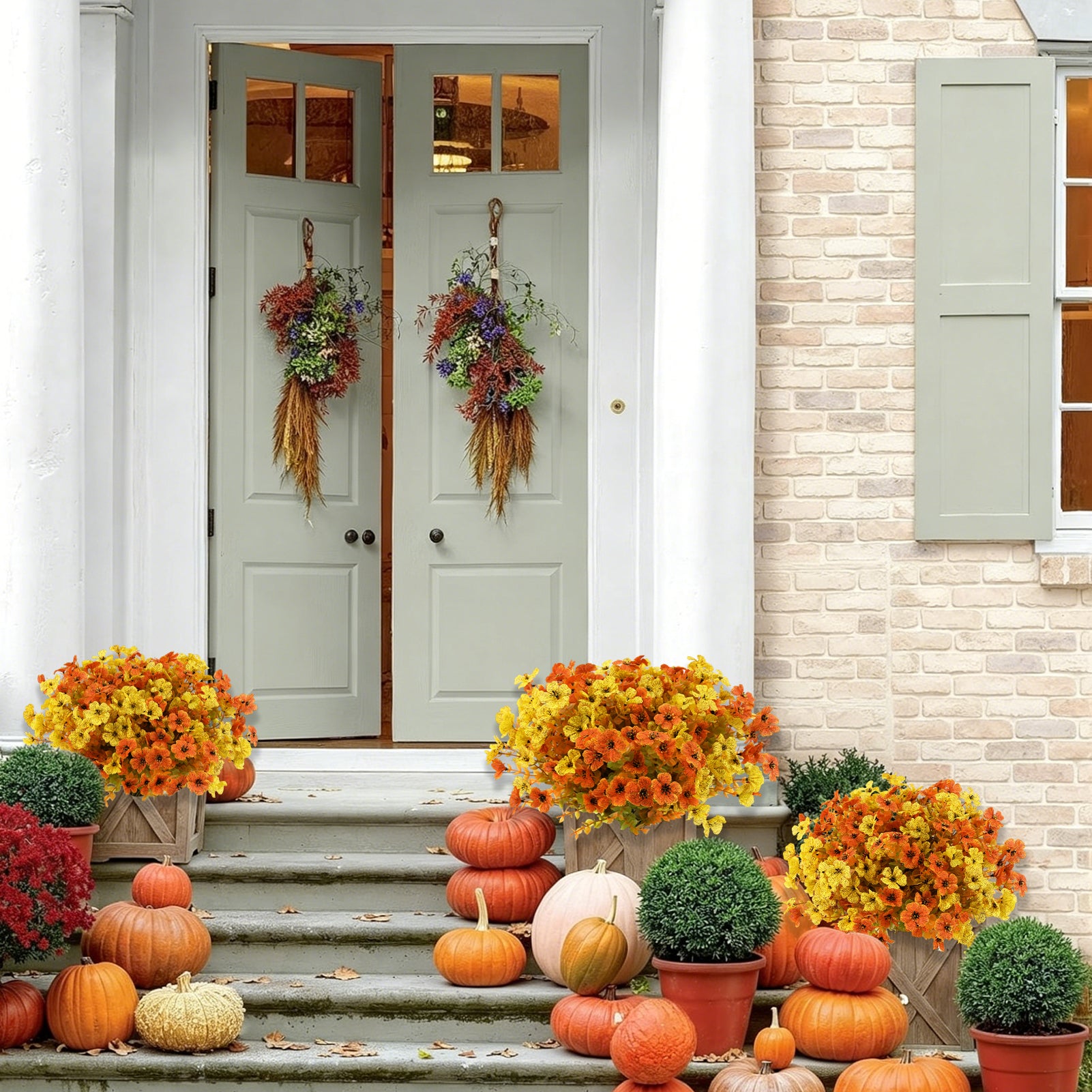 CandWuom Artificial Fall Flowers Fake Mums for Outdoor Autumn Decoration, 10 Bundles Faux Silk Orange Yellow Mums Daisy Look Real UV Resistant for Outside Home Porch Patio Planter