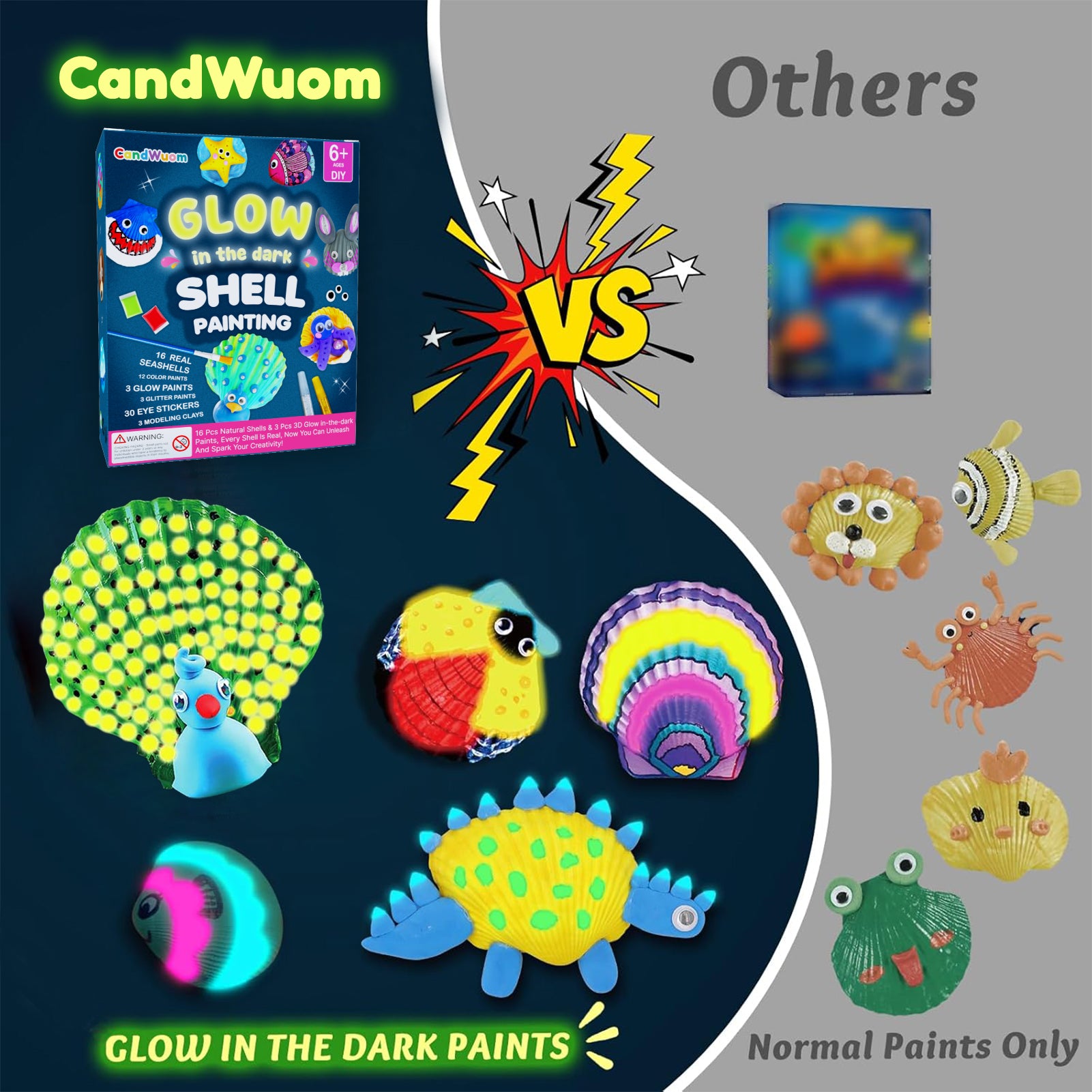 CandWuom 16 Glow in The Dark Sea Shell Painting Kit-Arts & Crafts for Boys and Girls Ages 6-12, Art Supplies, Kids Craft Paint Kits, Creative Art Toys for Birthday Party Gift