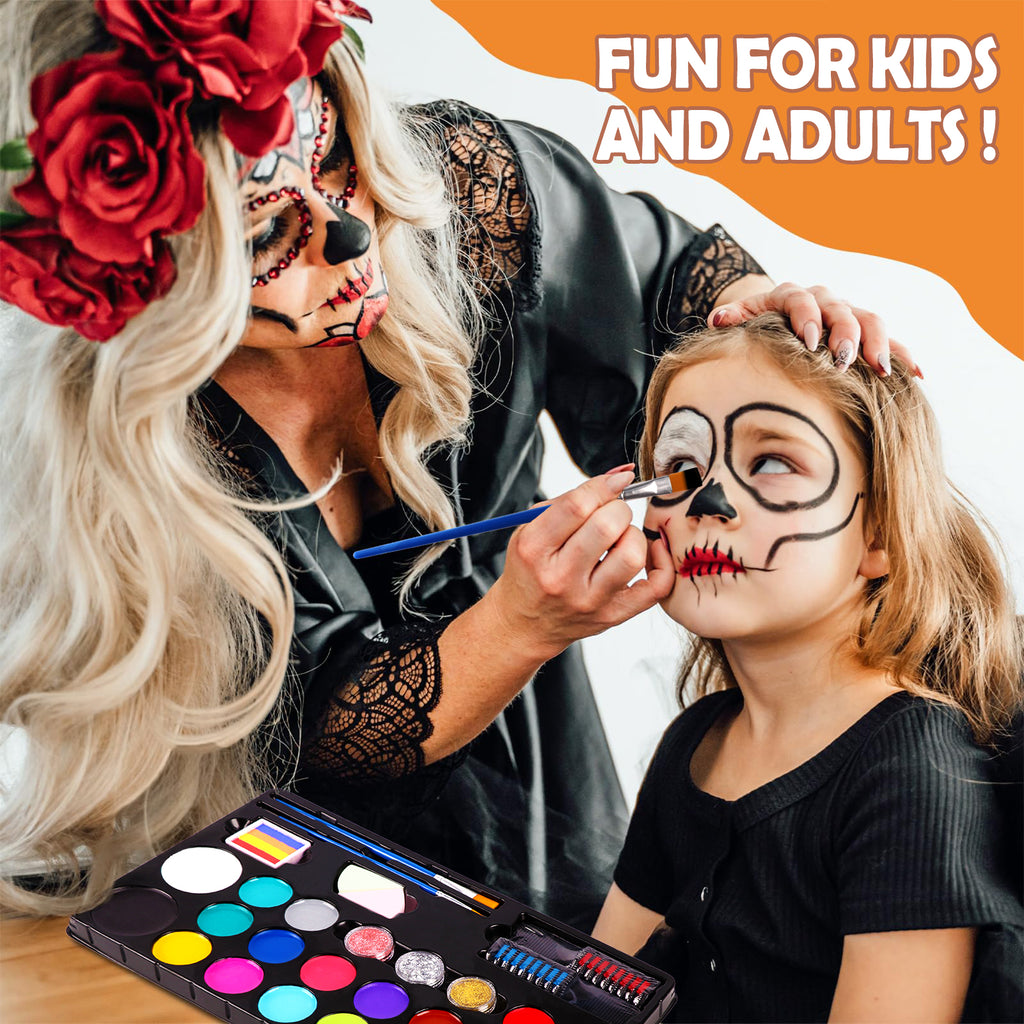 CandWuom Face Painting Kit for Kids –20 Colors Water Based Body Face Paint Kit Includes Hair Chalks Comb, Brushes, Stencils, Professional Face Paint Kit