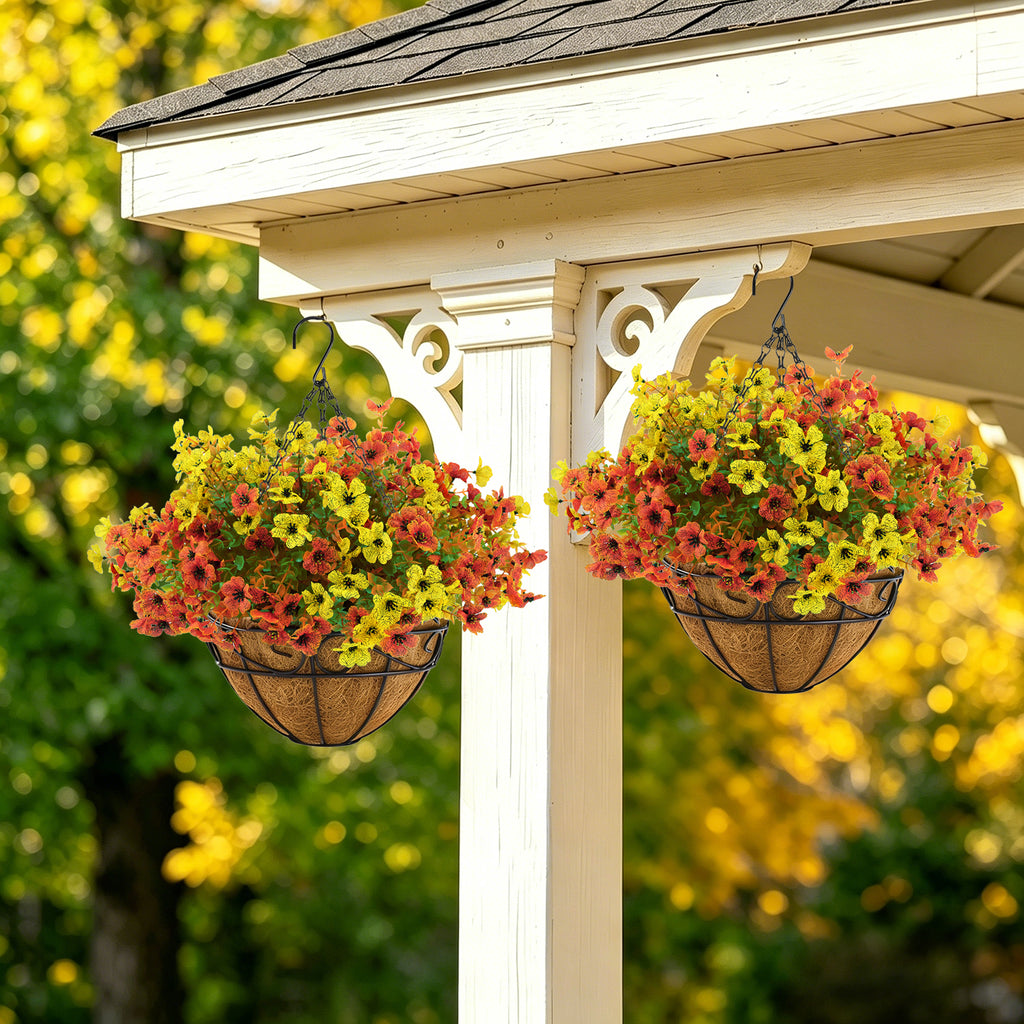 CandWuom 28 Pcs Artficial Outdoor Flowers with Hanging Baskets, Orange Fall mums 2 Pack Hanging Planter for Autumn Porch Garden and Home Patio Yard Decor