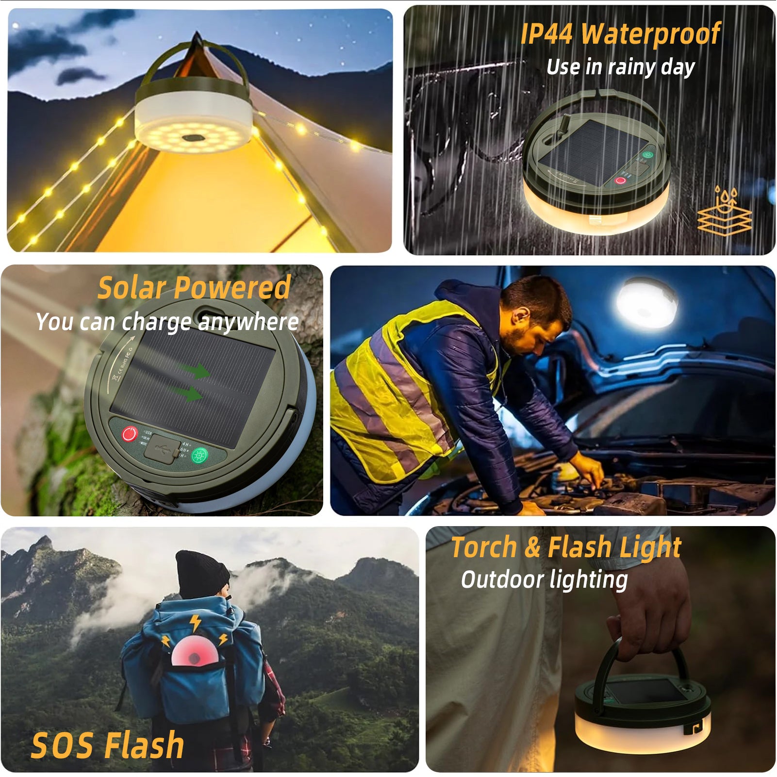 CandWuom Solar Camping String Lights, 4 in 1 Outdoor Tent Light with 9 Lighting Modes, Solar Powered and USB Rechargeable Tent Lantern, Portable Warm Lights for Yard, Hiking & Decoration