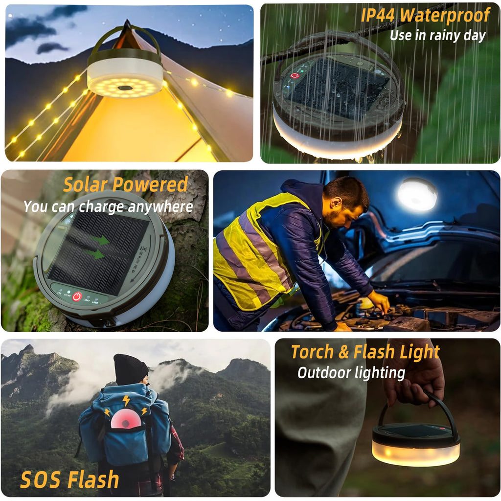 CandWuom Solar Camping String Lights, 4 in 1 Outdoor Tent Light with 9 Lighting Modes(72.2Ft), Solar Powered and USB Rechargeable Tent Lantern, Portable Warm Lights for Yard, Hiking & Decoration