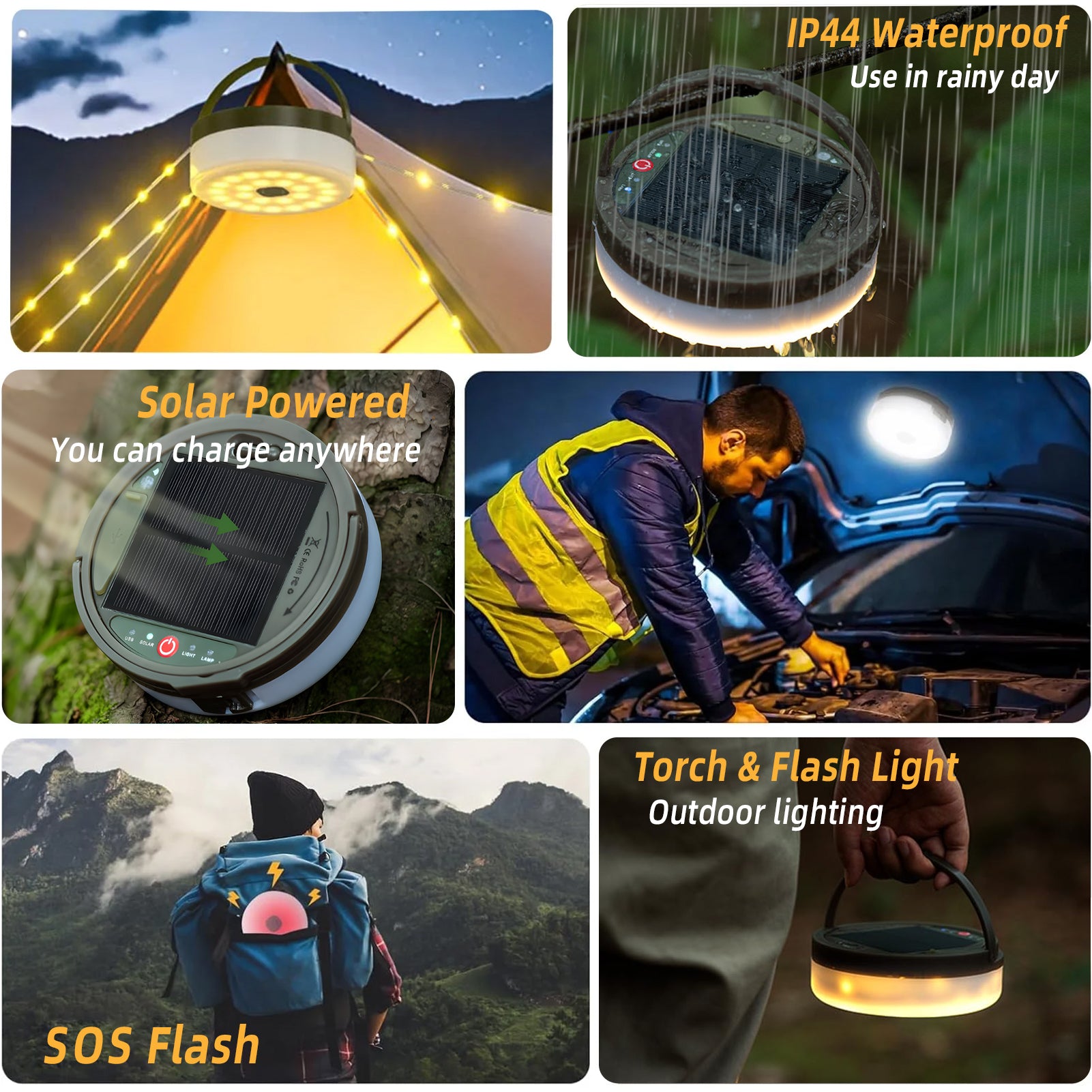CandWuom Solar Camping String Lights, 4 in 1 Outdoor Tent Light with 9 Lighting Modes(72.2Ft), Solar Powered and USB Rechargeable Tent Lantern, Portable Warm Lights for Yard, Hiking & Decoration