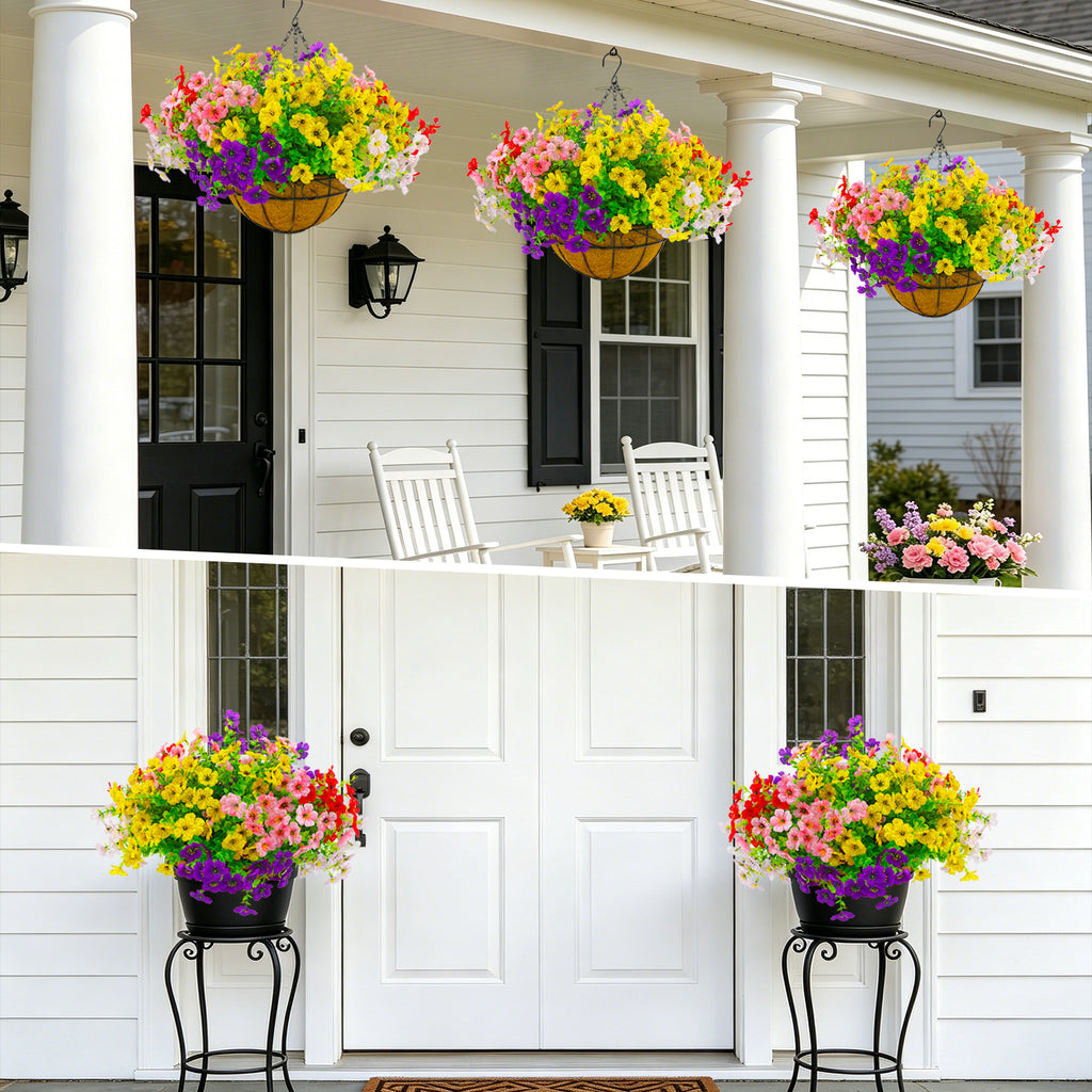 CandWuom 2 Set Artificial Outdoor Flowers with Hanging Basket, Hanging Planters with 28 Pcs Flowers for Spring Summer Front Porch Garden Patio Home Decor