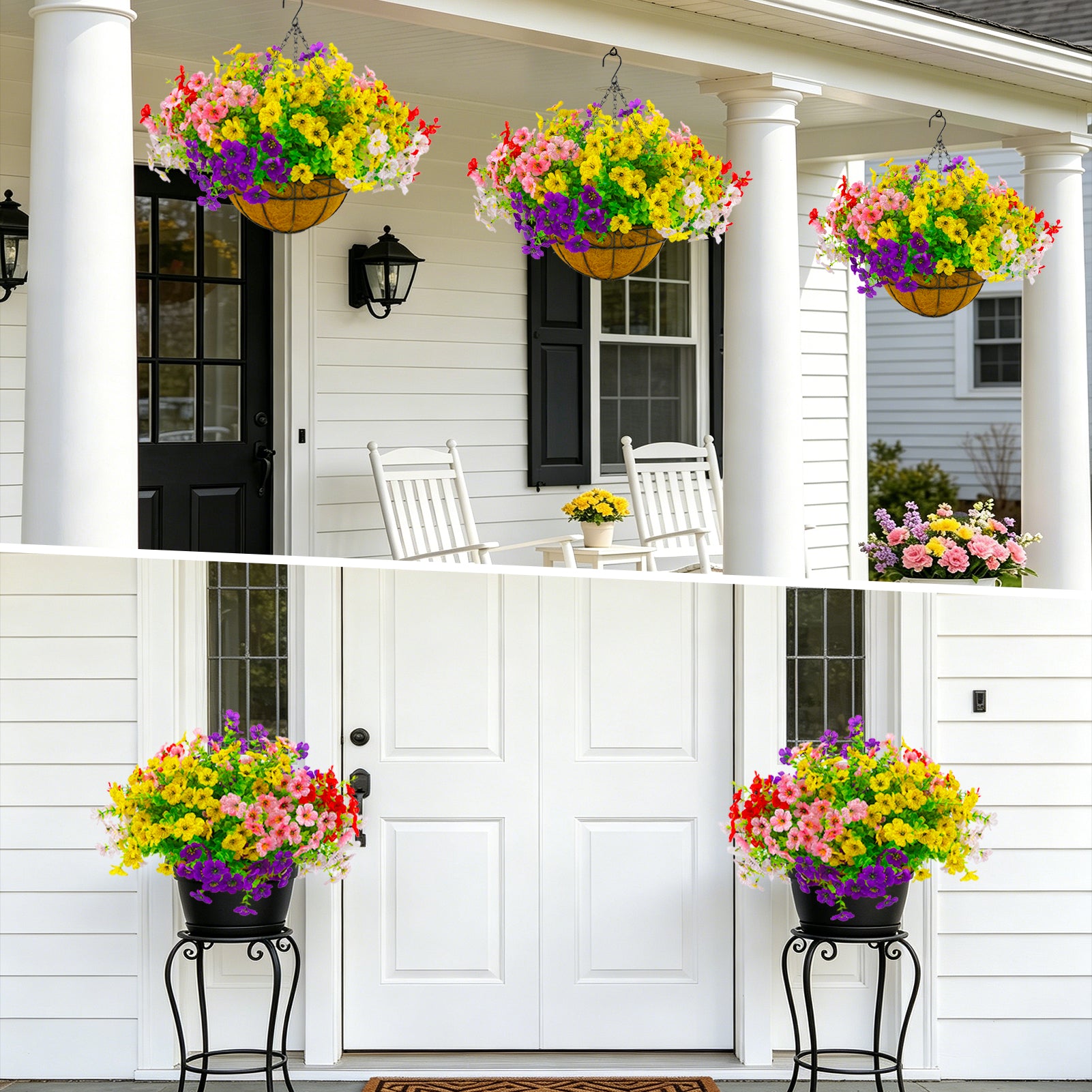 CandWuom 2 Set Artificial Outdoor Flowers with Hanging Basket, Hanging Planters with 28 Pcs Flowers for Spring Summer Front Porch Garden Patio Home Decor