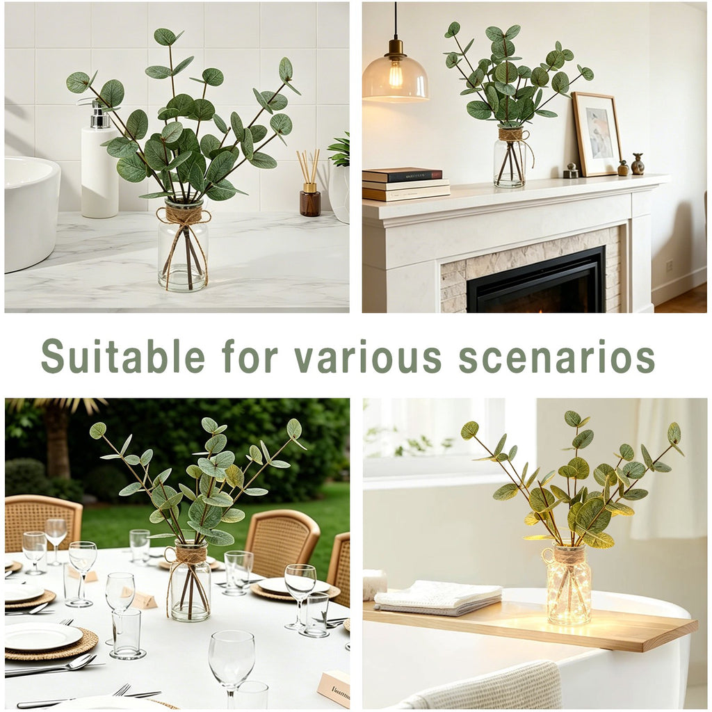 CandWuom Artificial Eucalyptus Stems in Glass Vase with Faux Water, 13.5” Fake Plants Faux Greenery Leaves with Lights, Decorations for Bathroom Home Office Farmhouse Wedding