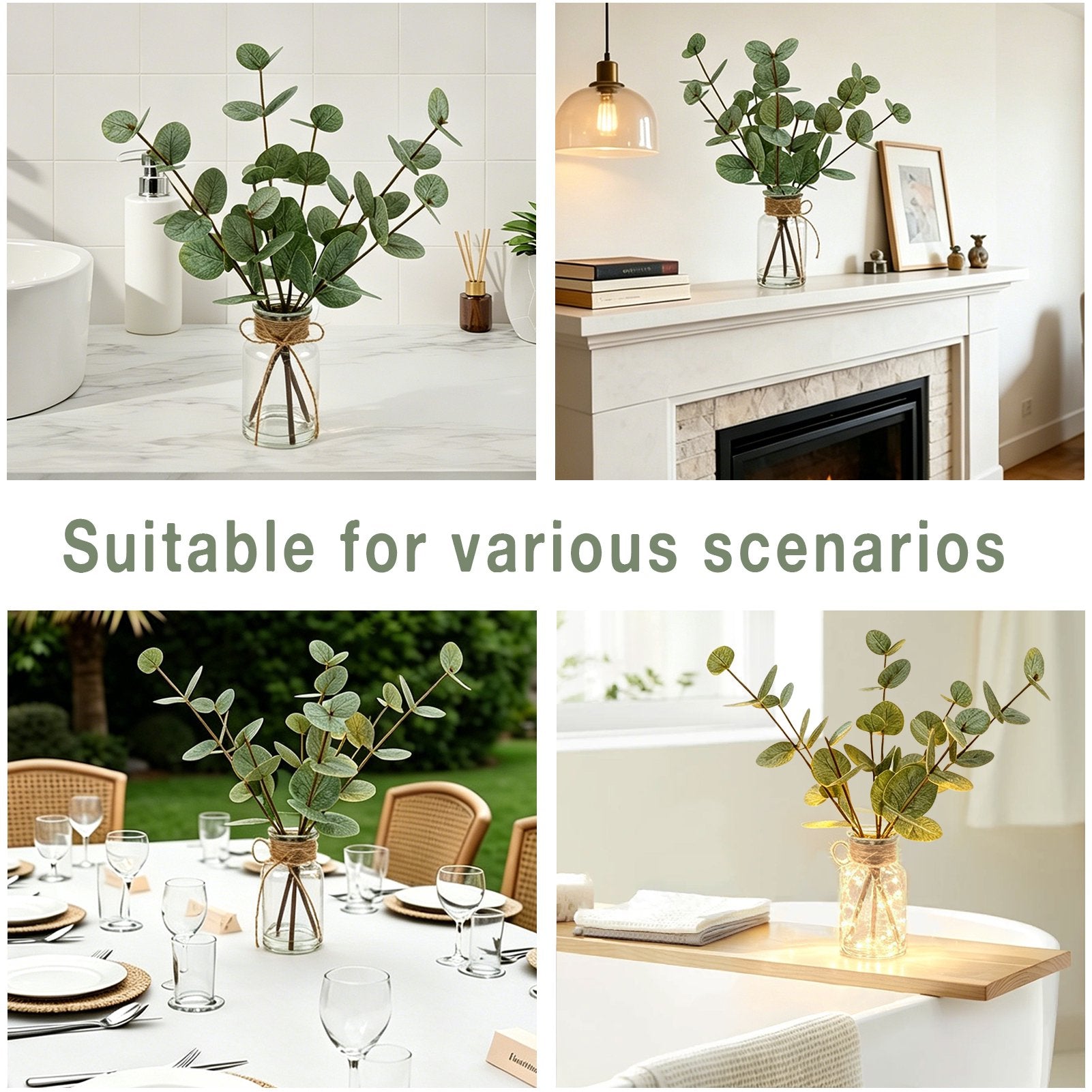 CandWuom Artificial Eucalyptus Stems in Glass Vase with Faux Water, 13.5” Fake Plants Faux Greenery Leaves with Lights, Decorations for Bathroom Home Office Farmhouse Wedding