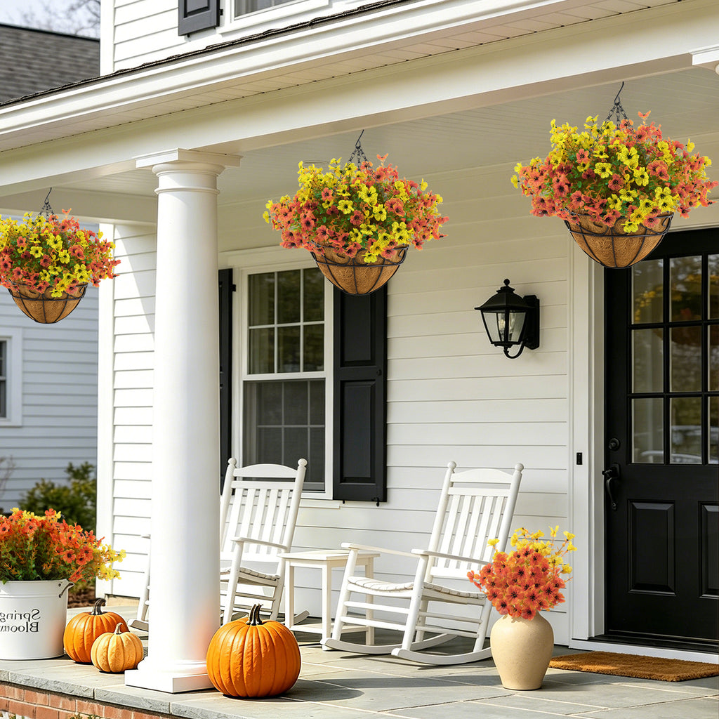 CandWuom 28 Pcs Artficial Outdoor Flowers with Hanging Baskets, Orange Fall mums 2 Pack Hanging Planter for Autumn Porch Garden and Home Patio Yard Decor